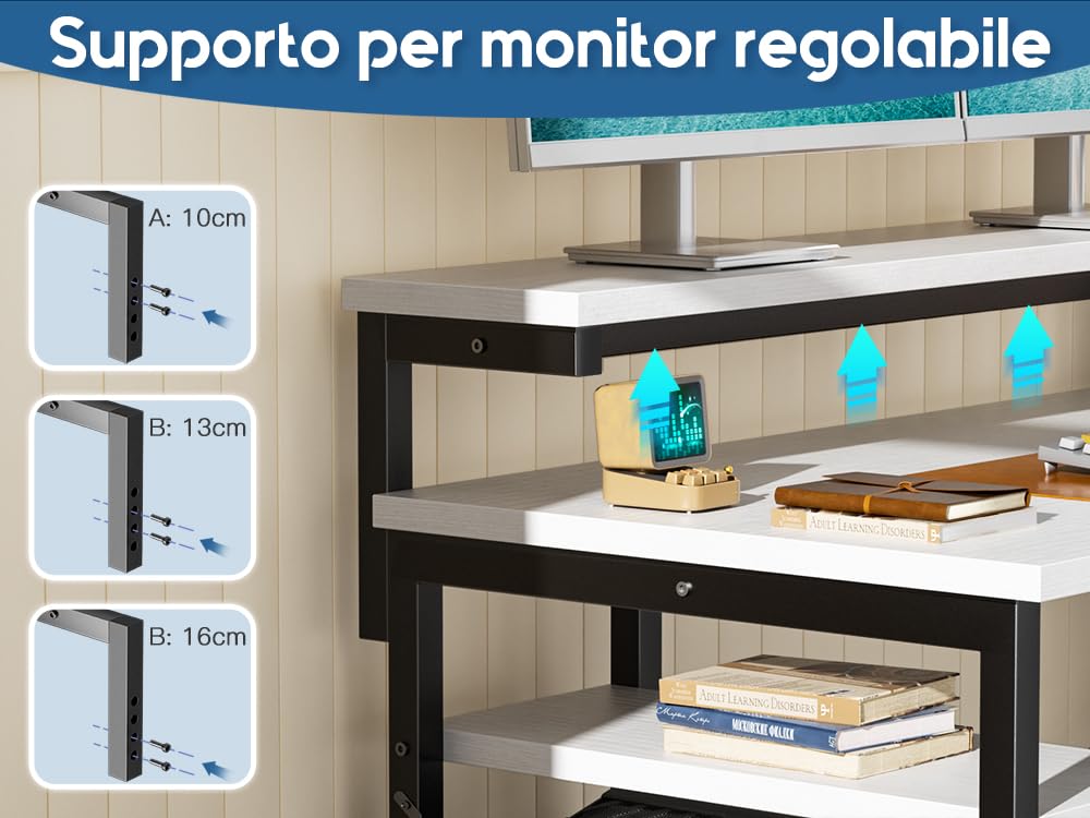 ODK Scrivania ad angolo, scrivania per computer reversibile con ripiani per riporre, scrivania da ufficio con supporto monitor regolabile (137×104 cm, Bianco)