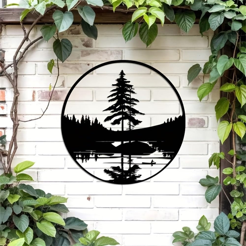 Decoración de pared abstracta contemporánea de metal, escultura de lago y bosque, 40 cm/15,75 pulgadas, arte paisajístico moderno inspirado en la naturaleza para interiores y exteriores, patio y