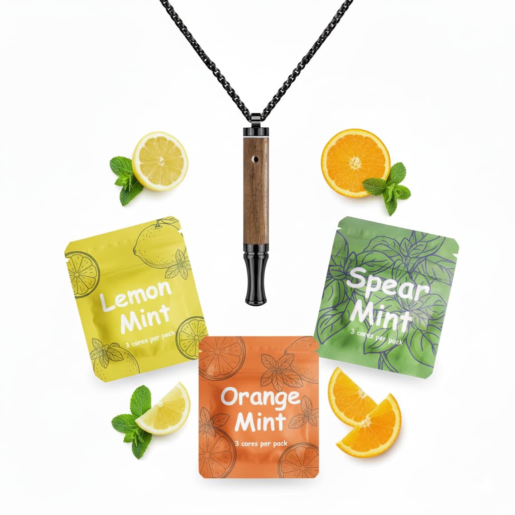 Stick respiratoire en Bois sans Nicotine, Embout réutilisable avec chaîne, 9 filtres aromatisés Menthe Citron Orange, Accessoire Discret pour Pauses Quotidiennes et Geste Main-Bouche