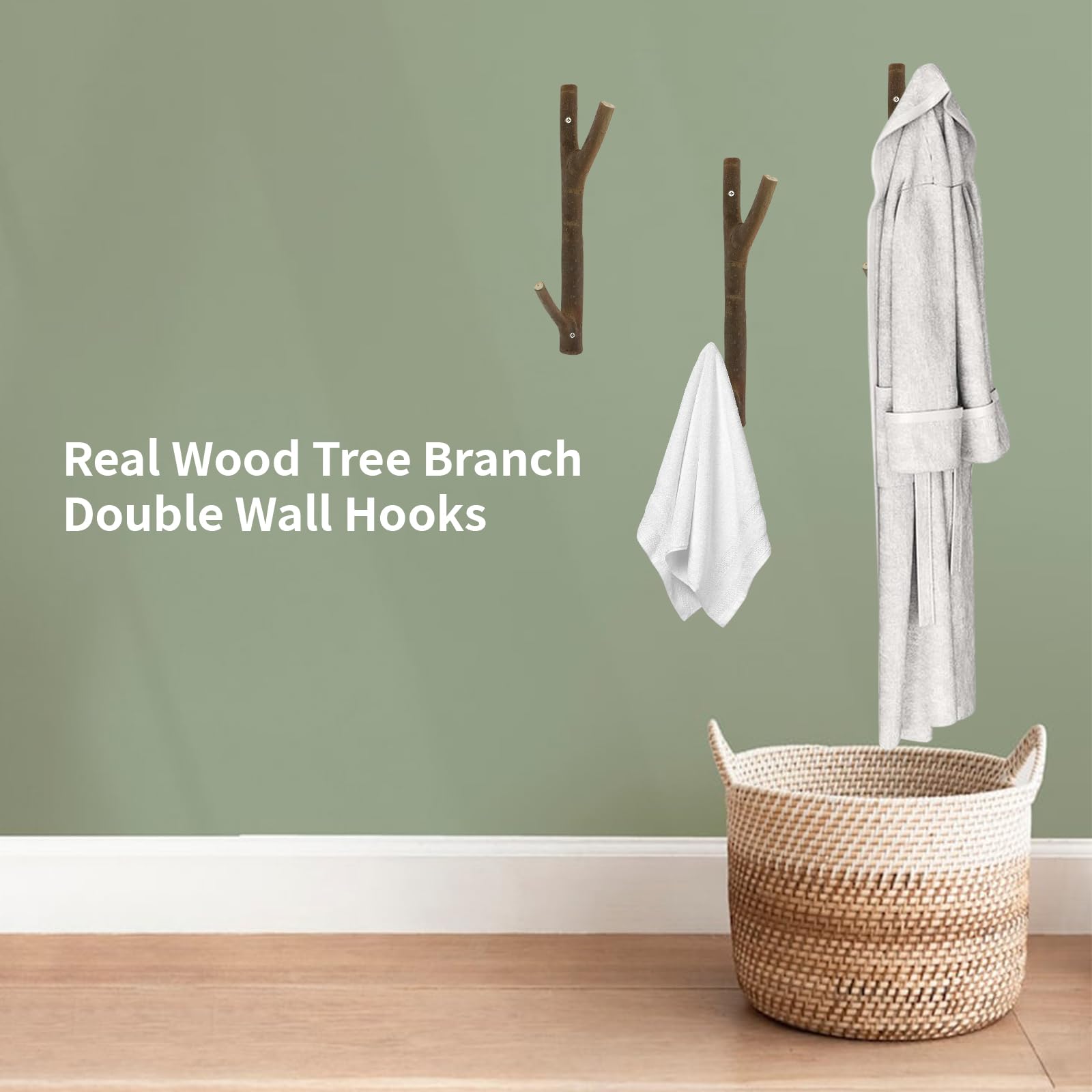 2 ganchos de pared dobles de madera real con ramas de árbol, rústico decorativo de madera con tronco de corteza de 2 cm a 3,5 cm de grosor con tornillo