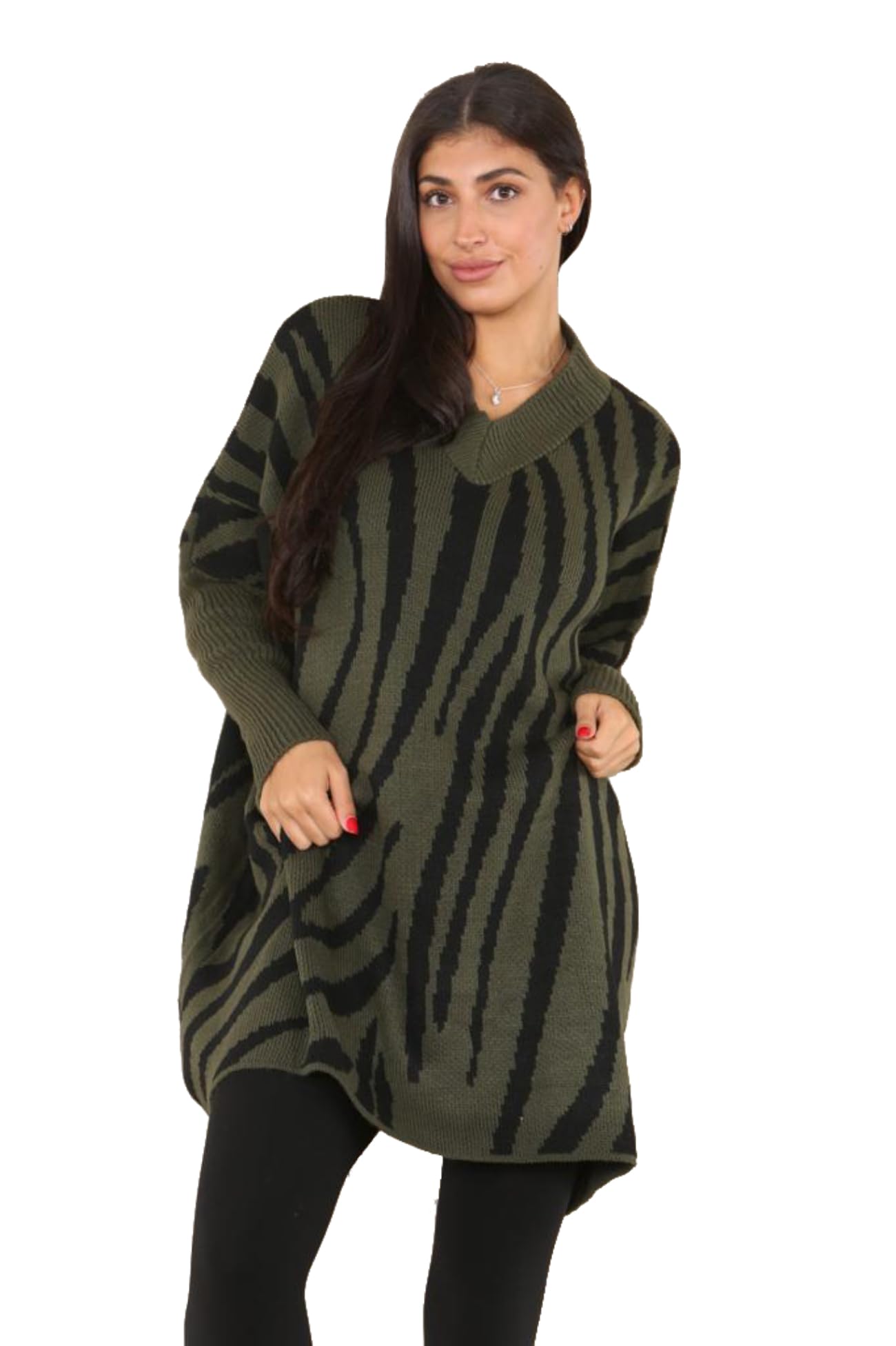 Fashion Fairies Women's Khaki Oversized Tunic Small Zebra Print Knitted Jumper Plus Size Sweater Winter Fashion Pullover Sweatshirt Long Sleeve Tunic Casual Wear Baggy Jumpers ( Uk 24-26)