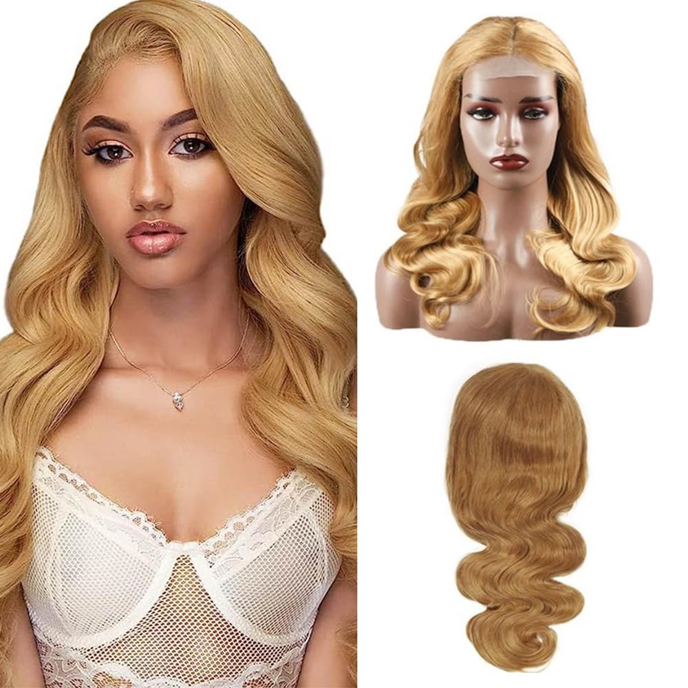 Weeybay 4x4 Lace Front Wigs #27 Honey Blonde Color Body Wave Virgin Glueless Unprocessed 180% Density Transparent Lace Human Hair Wig For Women 18 Inch