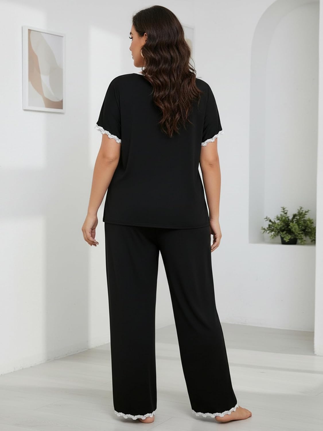Women's Plus Size 2 Piece Lace Trim Pajama Set Scoop Neck Short Sleeve T Shirt and Pants Loungewear - Image 2