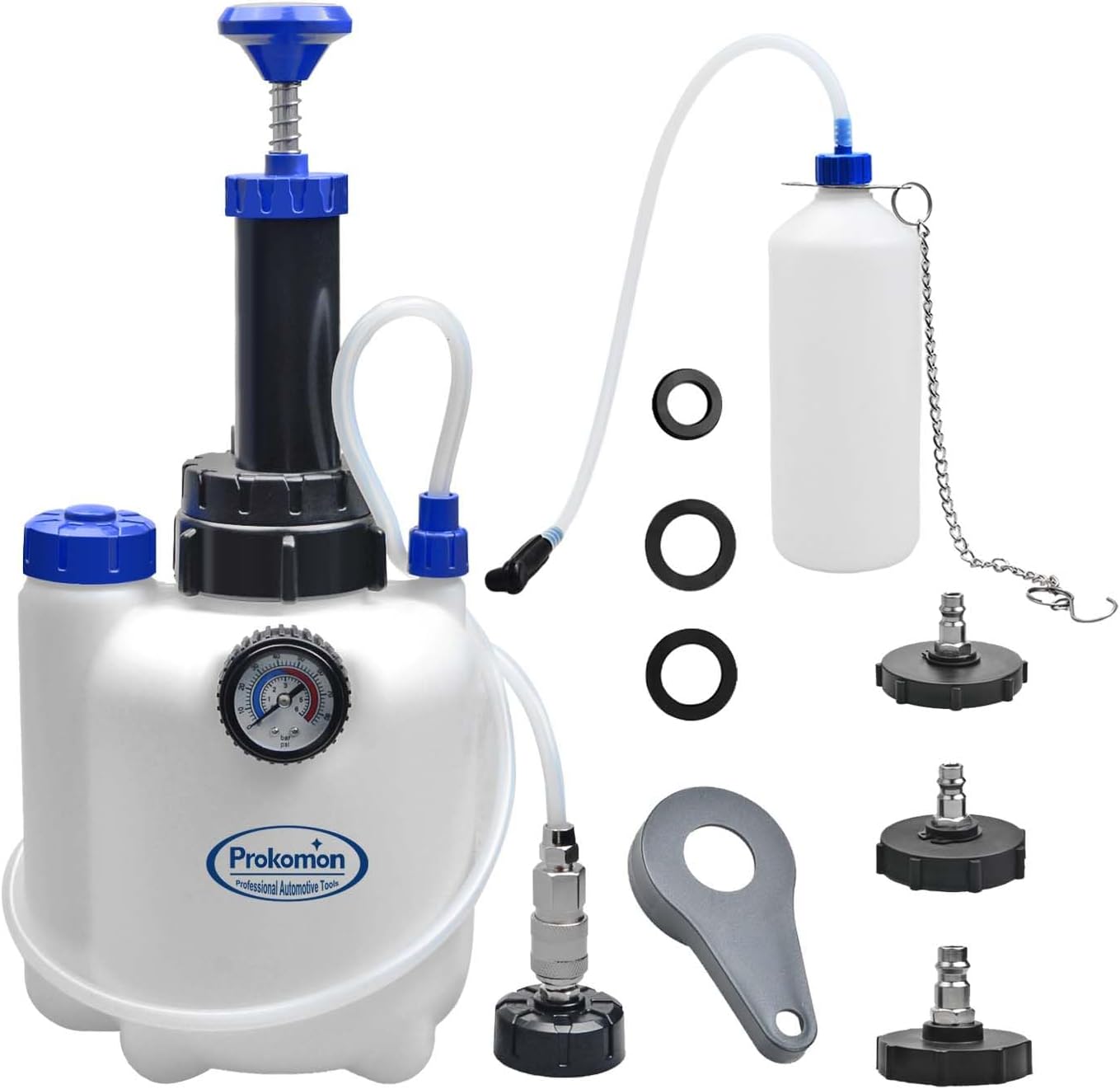 Prokomon 3L Manual Brake Bleeder Fluid Pump with 4 Master Cylinder Adapters and 1L Brake Bleeder Bottle Suitable for Most Vehicles One-Person Operation (7pieces)