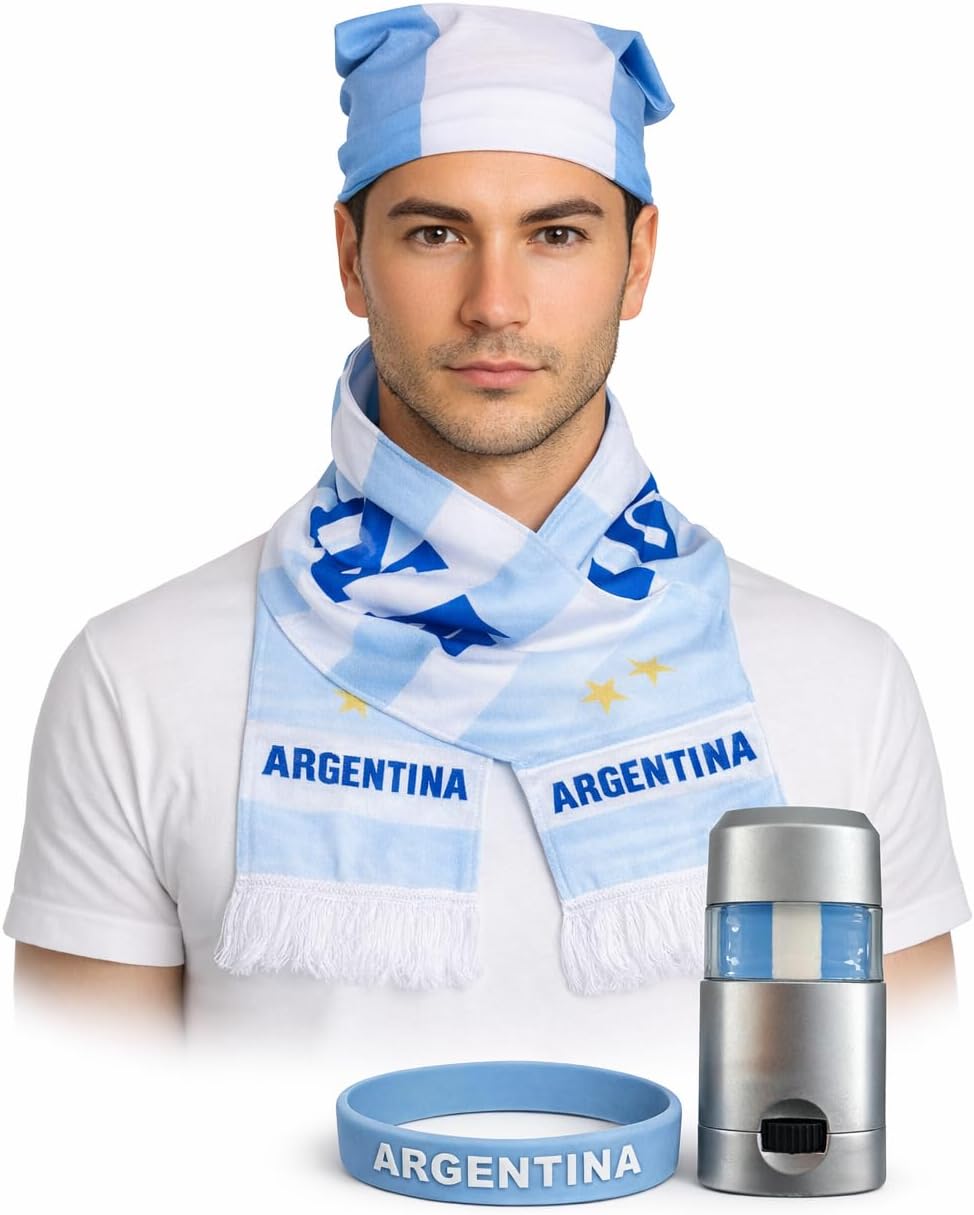 SIFRIMANIA Argentina Soccer Fan Kit Classic 2-Star Scarf Bandana Bracelet Face Paint 3 Pcs Set for Stadium Watch Party