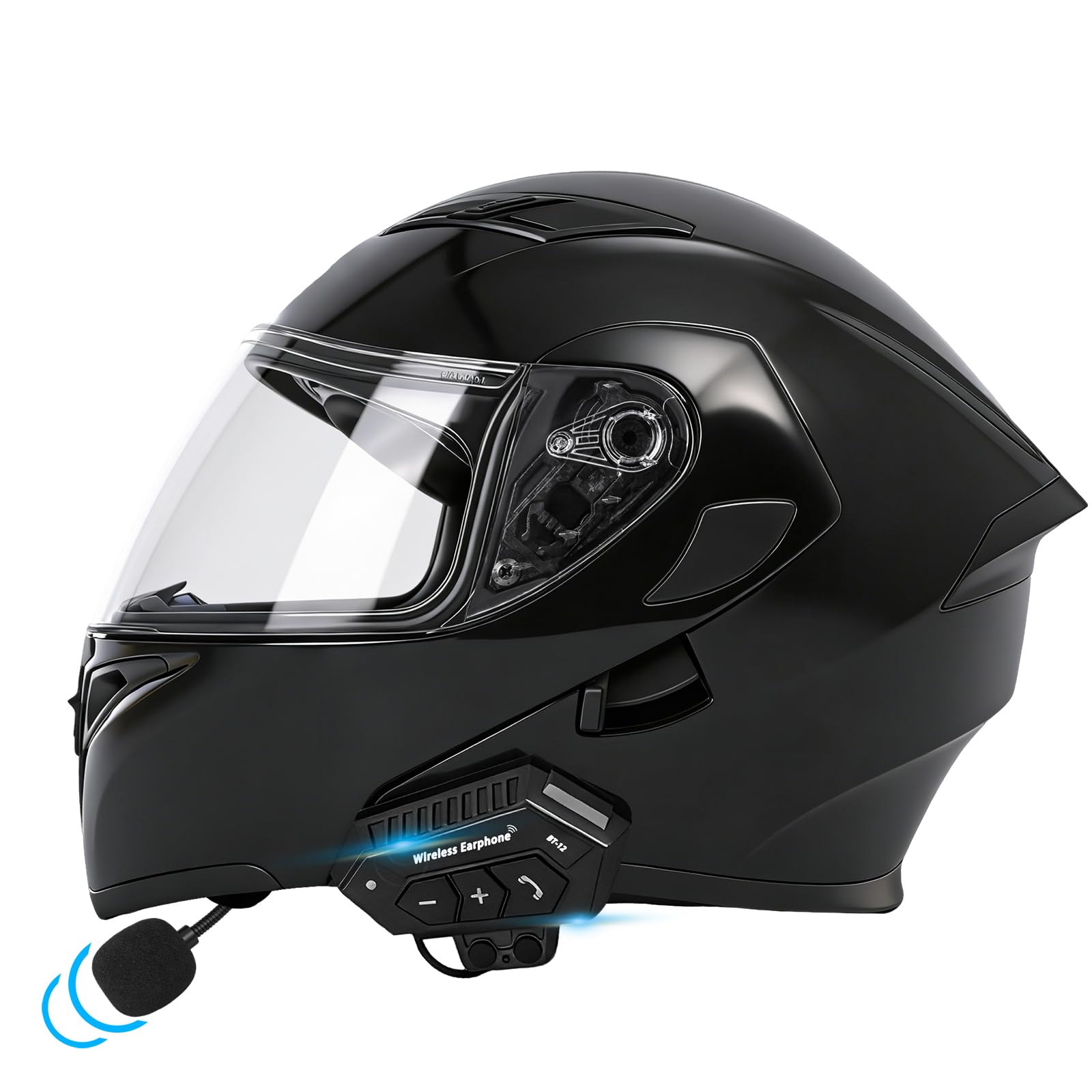 Motorcycle Bluetooth Modular Helmet, DOT FMVSS-218 Approved Flip Up Full Face Motorcycle Dual Visor Helmet, with Dual Speakers and Microphone, for Adults Men and Women