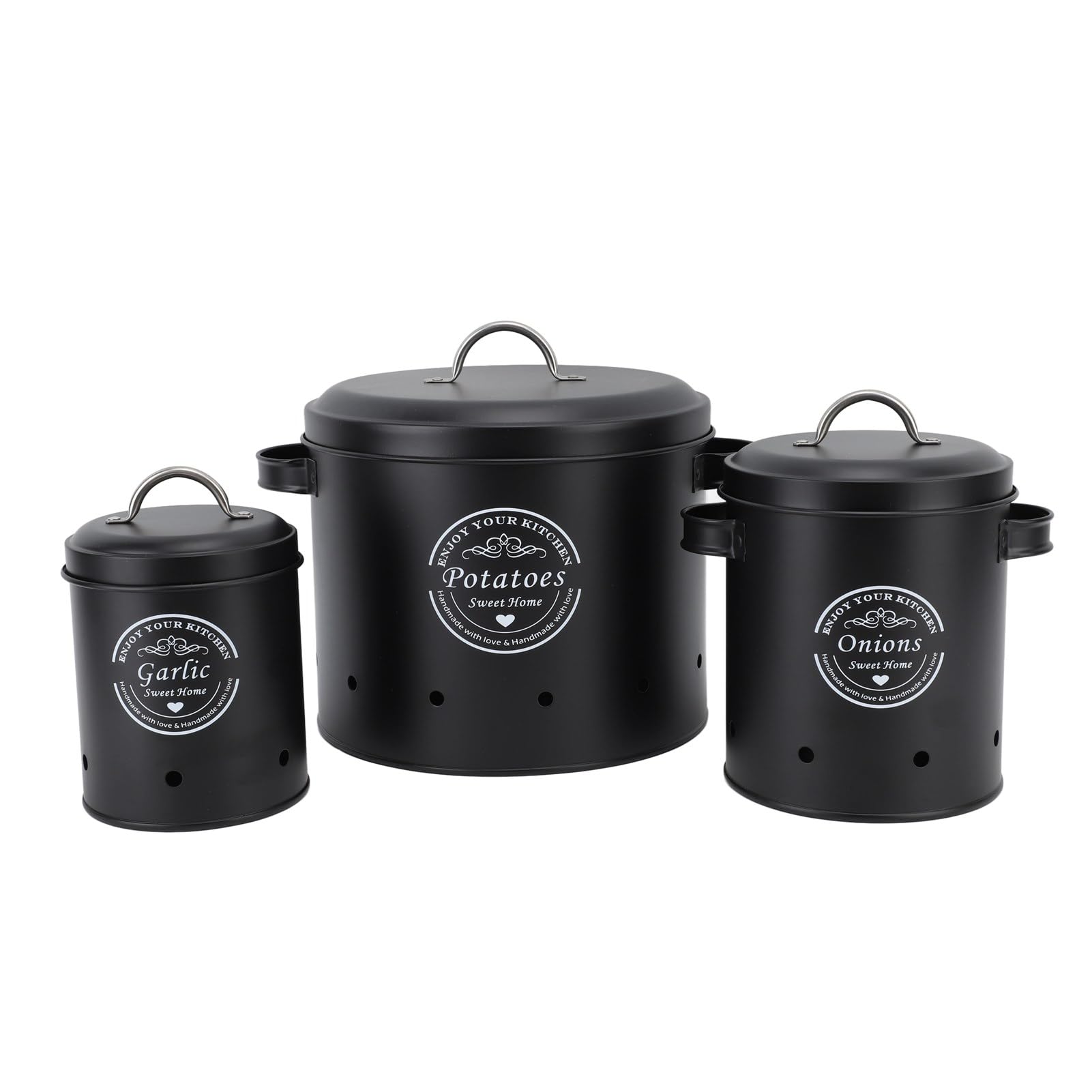 3PCS Vegetable Storage Bin - Potato Onion Storage Bin - Carbon Steel Farmhouse Potatoes Holder - Kitchen Storage Canisters Jars Containers - for Countertop (Black)