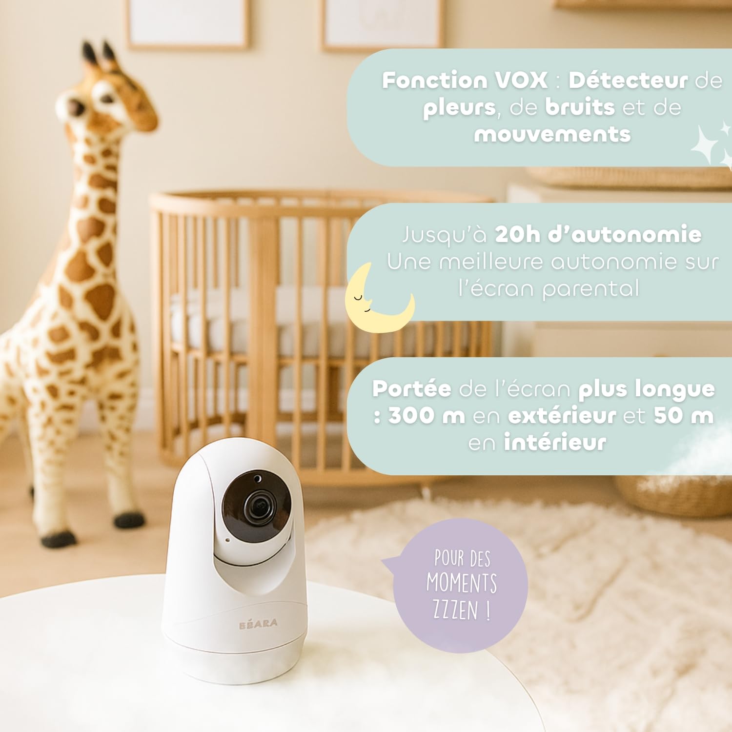 BÉABA, Babyphone Camera Zen Plus 2 – Caméra Rotative 360°, Écran 5 Pouces HD, Vision Nocturne, Talkie-Walkie, Thermomètre, 8 Berceuses, Portée 300m, Autonomie 20h, 4 Caméras Connectables, Blanc