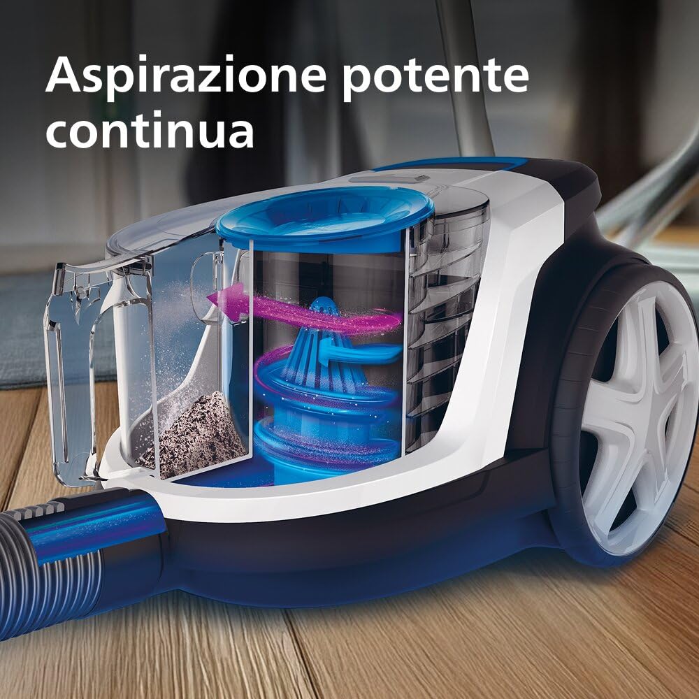 Aspirapolvere senza sacco Philips PowerPro Compact – Leggero, Potenza di Aspirazione 900 W, Bocchetta TriActive Per Pavimenti Duri e Tappeti, Filtro HEPA H13 Antiallergico, PowerCyclone 5 (FC9332/09)