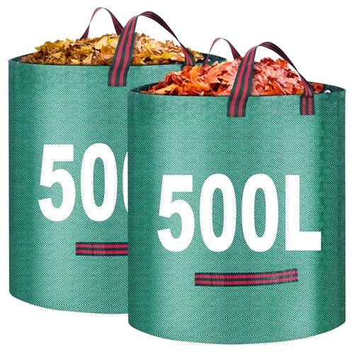KOOSREEL Garden Waste Bags, 2 Packs 500L Heavy Duty Gardens Bags, Reusable Waterproof Garden Sacks with Handles, Ideal for Collecting Plant Waste Grass and Leaves