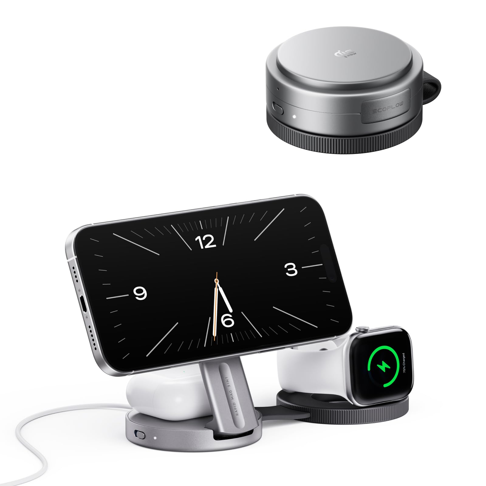EcoFlow Qi2.2 Magnético Estación de Carga de 25W con Soporte Plegable, estación de Carga inalámbrica para iPhone 17/16/15/14 Series, Apple Watch y AirPods, Negro