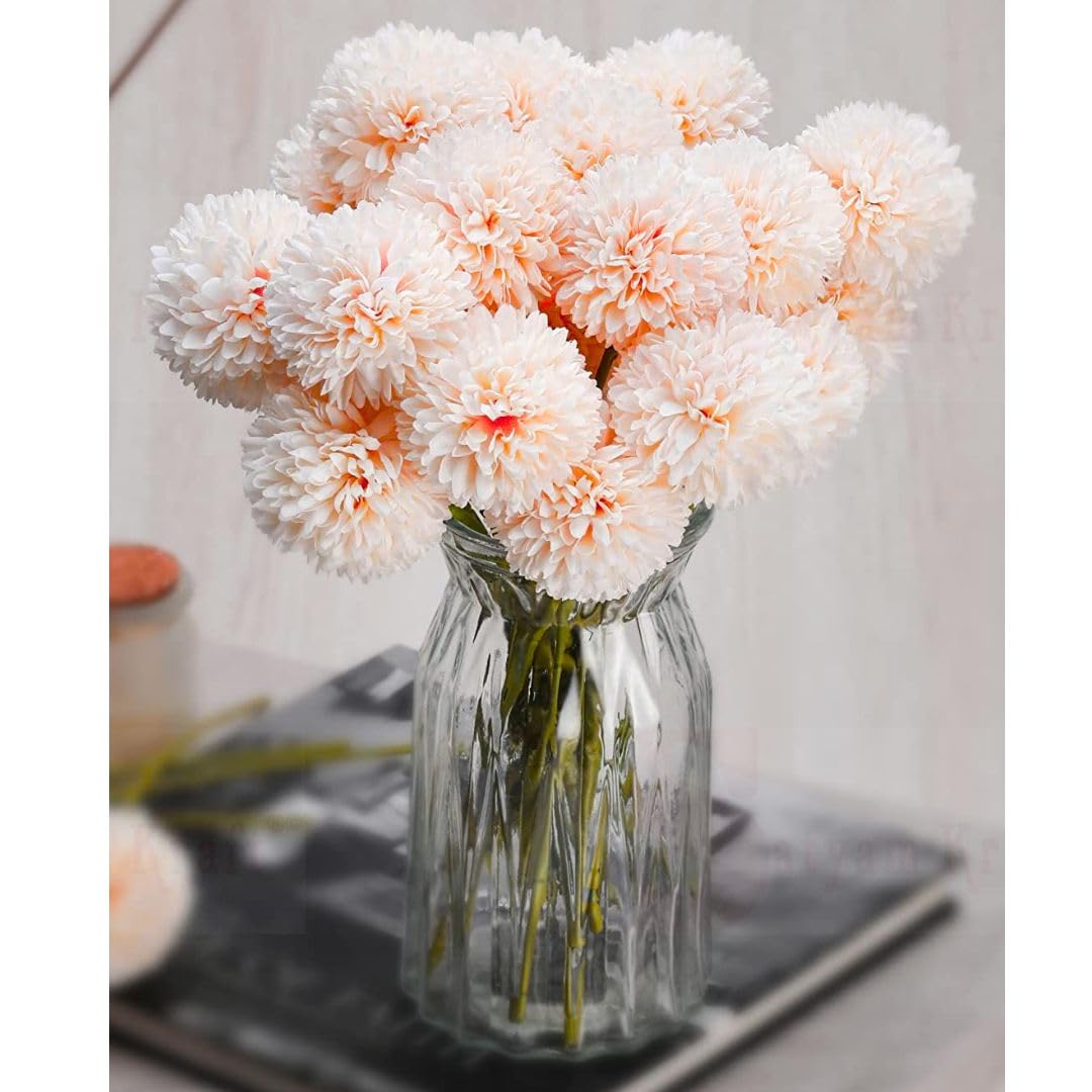 5 Pcs Artificial Chrysanthemum Hydrangea Ball Flower Sticks for Christmas Decorations, Wedding,Valentine's day Home Bedroom Balcony Living Room (Fabric, Without Vase) (Off - white, 5 Pcs)