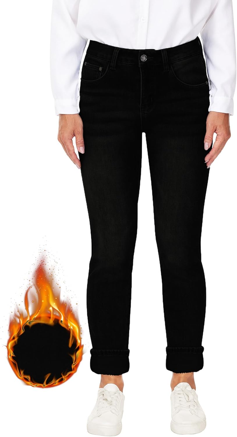 Qazel Vorrlon Women's Fleece Lined Jeans for Women Winter Warm Flannel Lined Jeans Womens High Waisted Skinny Stretch Pants - Image 2