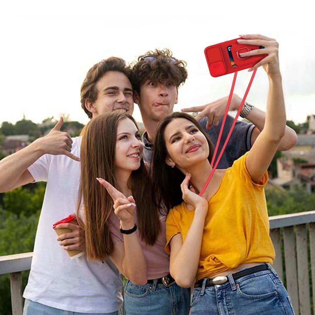 Funda Compatible con Xiaomi Redmi Note 8,Cuello Cordón Carcasa Silicona Suave,Ranura con Tarjetas,Carcasa Cubierta cámara Deslizante Proteger, Anillo Soporte (Rojo) - 3