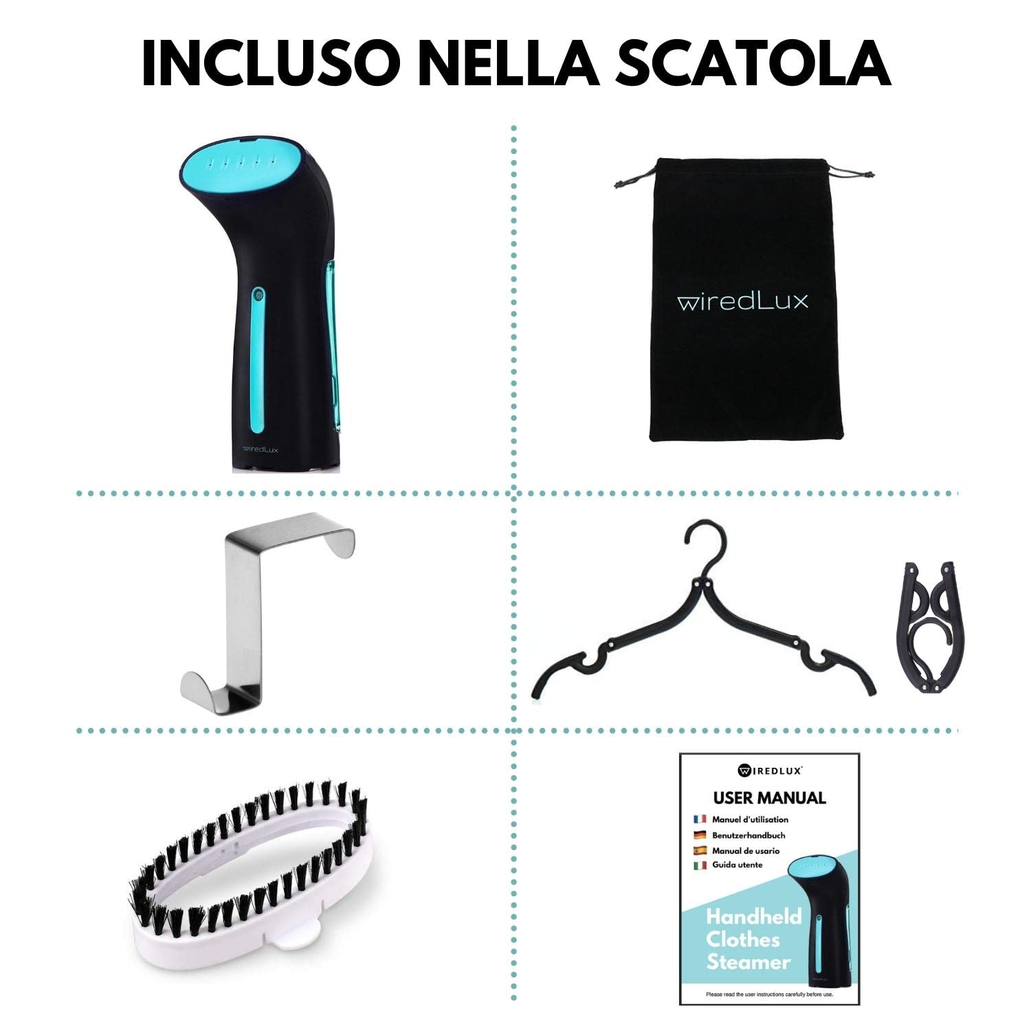 Ferro da Stiro Verticale, Stiratore a Vapore per Vacanza e Casa, Steamer Portatile e Leggero Pronto in 25 Sec e 100% Anti-Perdita, Stiratore Verticale, Accessori per Viaggio Inclusi