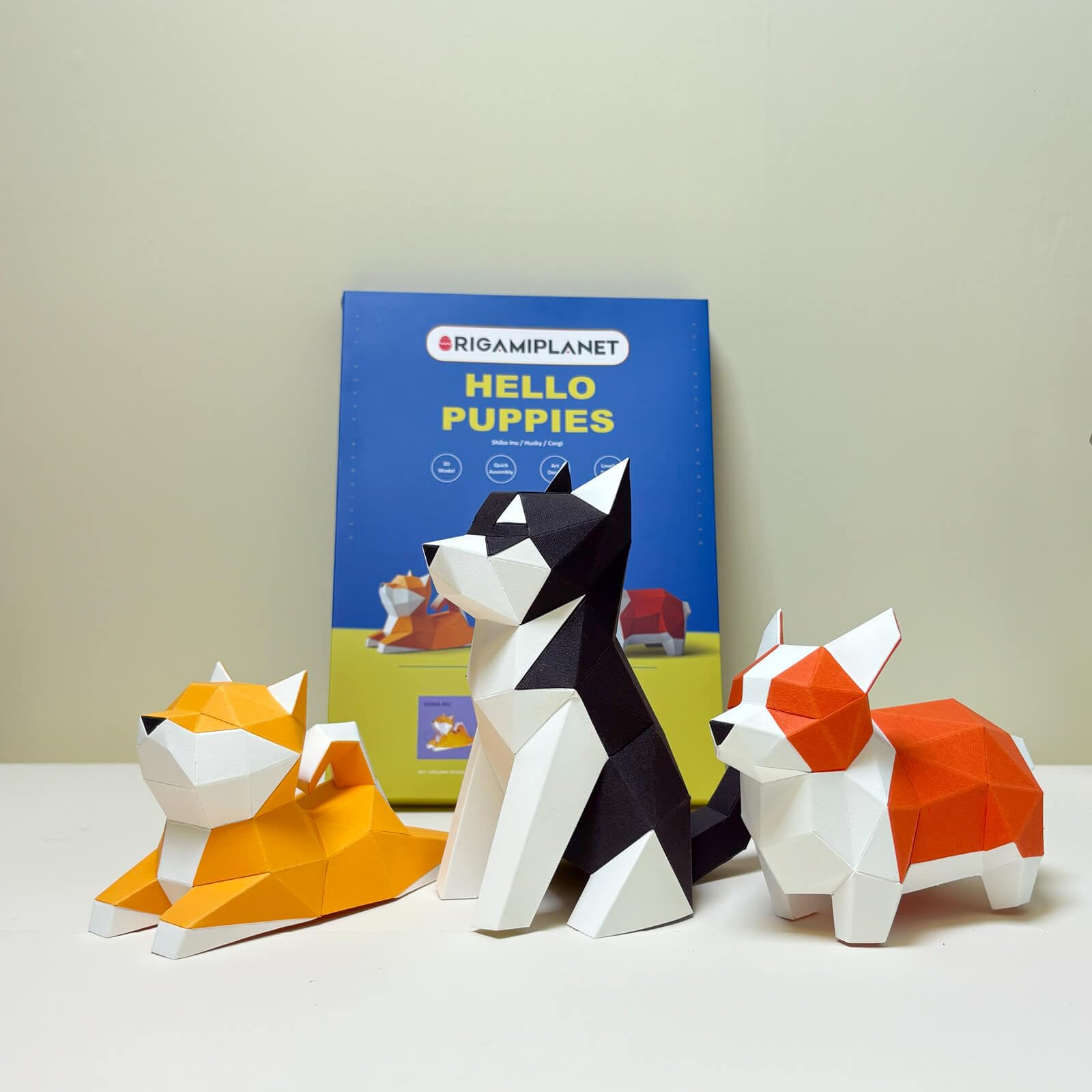 ORIGAMIPLANET Hello Puppies Zestaw upominkowy 3D do origami, 3 szt., Husky/Corgi/Shiba Inu, wstępnie wycięte origami, urocze zwierzę, papierowa rzeźba dla nastolatków i dorosłych, dekoracja domu, DIY