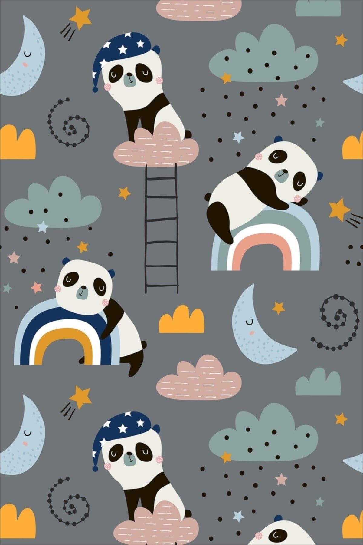 Pelangi Panda Gökkuşağı Bulut Desenli Dijital Baskı Yıkanabilir Kaymaz Taban Leke Tutmaz Çocuk Odası Halısı, Gri-Mavi 160 x 300