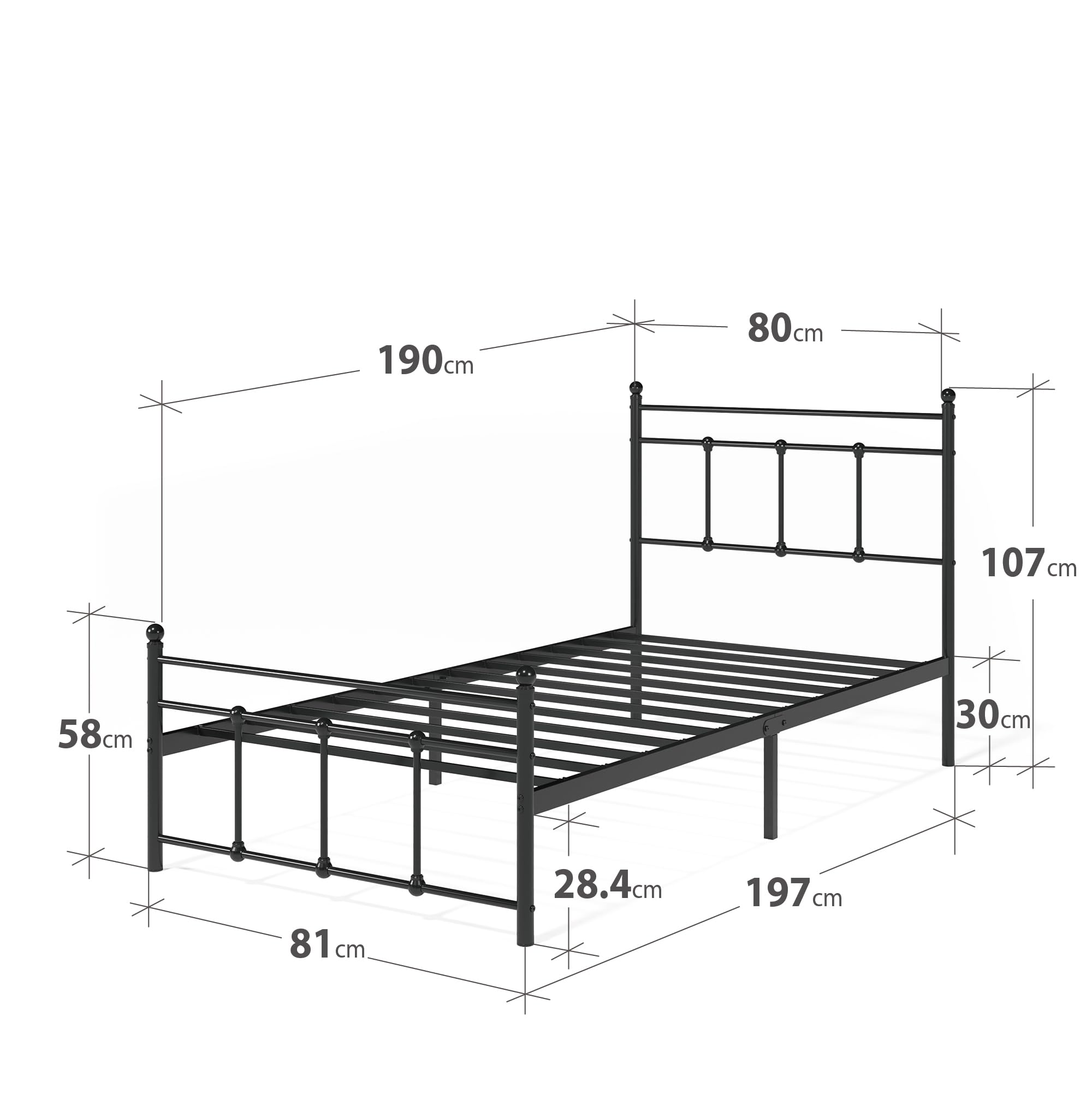 Zinus Nicholas łóżko 80 x 190 cm – 31 cm wysokości – łóżko pojedyncze – metalowa rama łóżka z zagłówkiem i podnóżkiem, kolor czarny