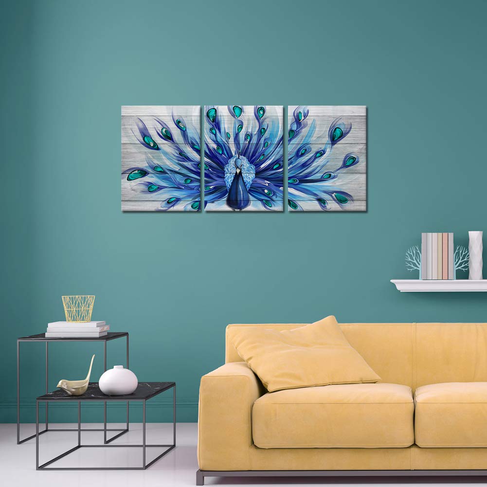 sechars 3 Piece Wall Art Royal Blue Peacock Painting Canvas Prints Abstract Animal Picture Artwork for Home Living Room Bedroom Decor Stretched And Framed Ready to Hang Each Panel 12x16inches