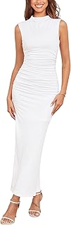Womens 2025 Summer Sexy Ruched Bodycon Dress Mock Neck Sleeveless Back Slit Cocktail Party Long Maxi Dress - Buy now