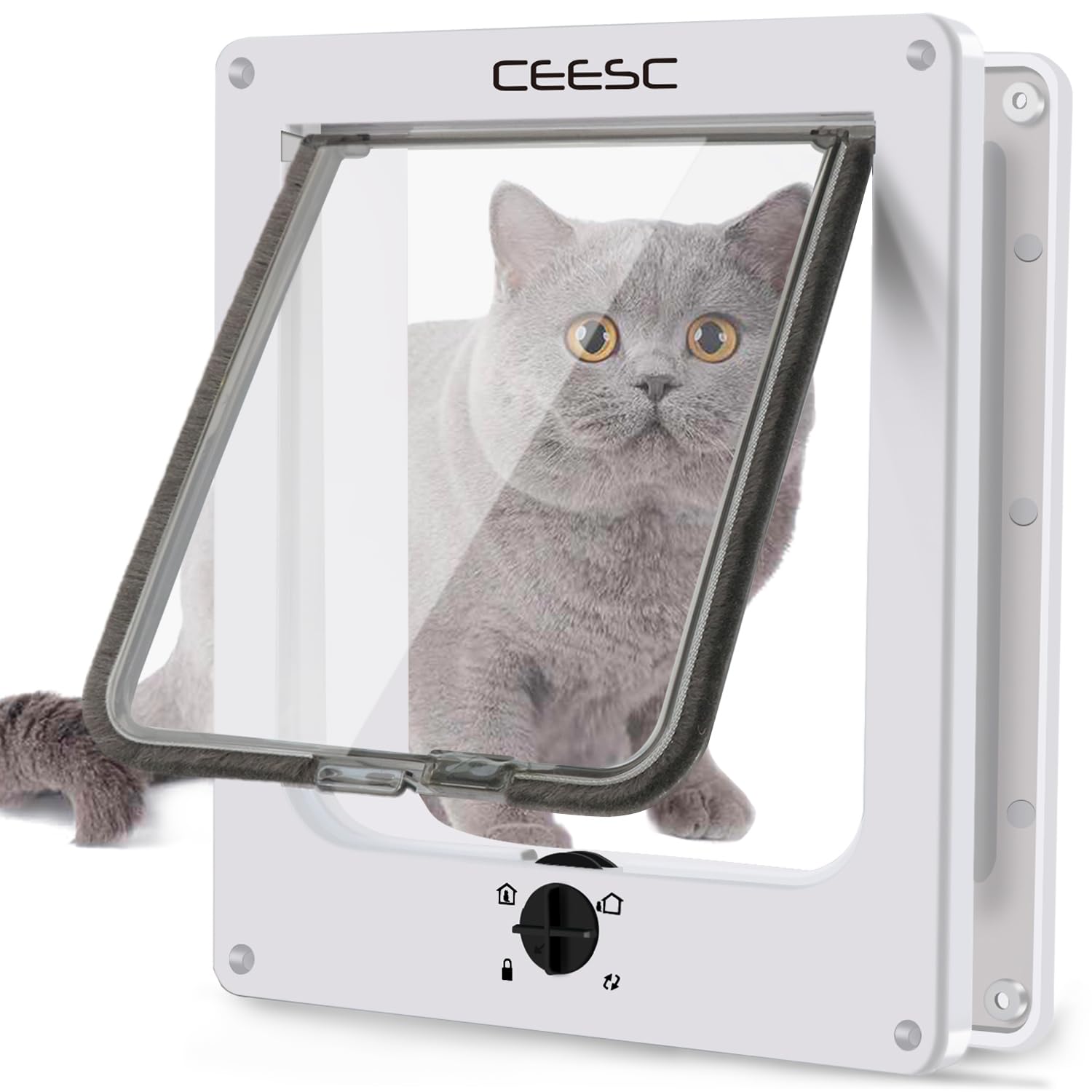 CEESC Aleta Grande para Gatos (tamaño Exterior 29,5 x 24,5 cm), Puerta giratoria para Mascotas con Bloqueo de 4 vías para Gatos y Perritos con Circunferencia <63 cm, versión Mejorada