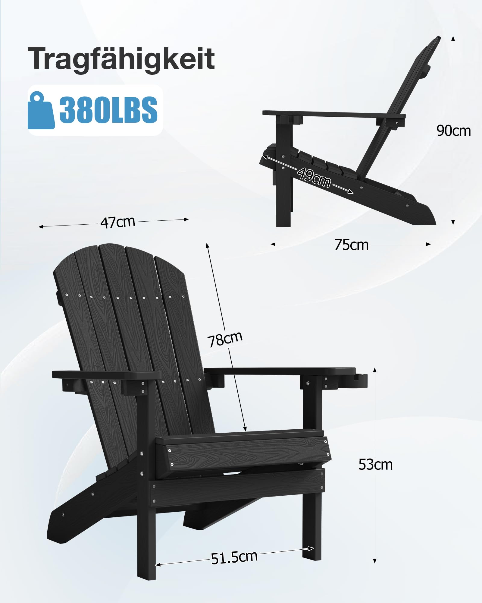 Adirondack Stuhl mit Getränkehalter für Outdoor Garten: Adirondack Chair Kunststoff HIPS Allwetter für Outdoor Stuhl - Adirondack Gartensessel Wetterfest für Balkon/Feuerstelle/Terrasse/Beach(Schwarz)