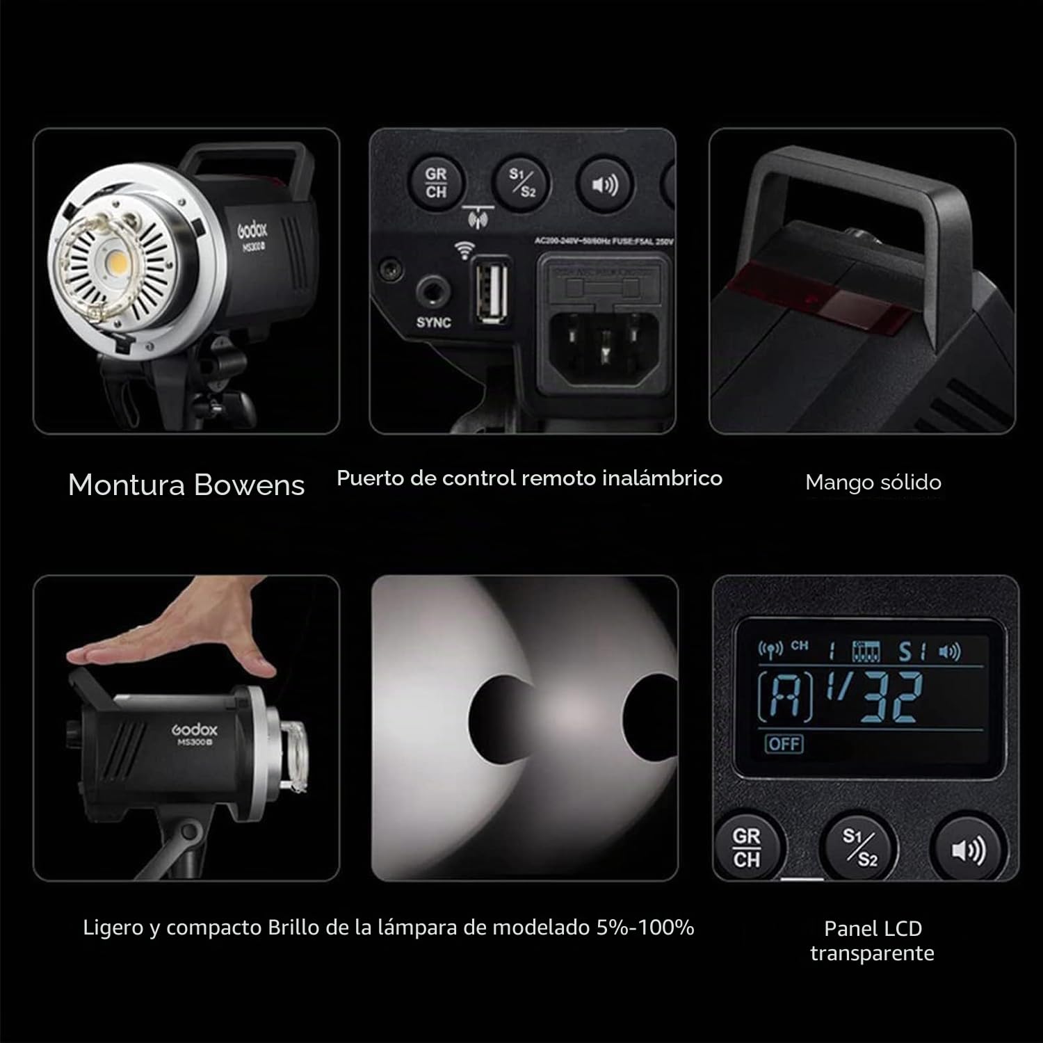 Godox MS300-V MS300 V Fotografía de Luz Estroboscópica300 W con Lámpara de Modelado LED Mejorada, Sistema X Inalámbrico de 2.4 G, Soporte Bowens, Flash Estroboscópico, Ideal para Fotografía