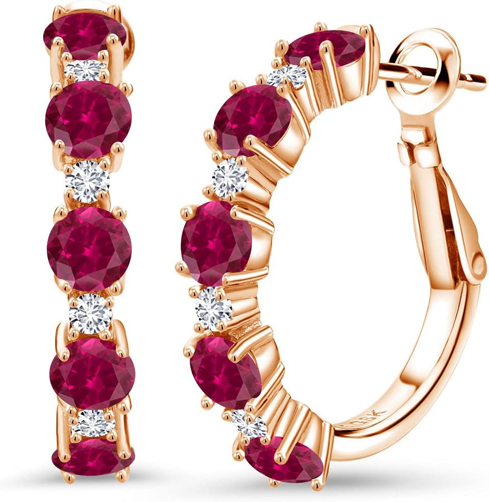 Gem Stone King 18K Rose Gold Plated Silver Gemstone Birthstone and Lab Grown Diamond Hoop Earrings for Women | Round Cut 4MM and 1.9MM Stones | 1 Inch Diameter Hoops | Fine Jewelry for Her Mom Wife