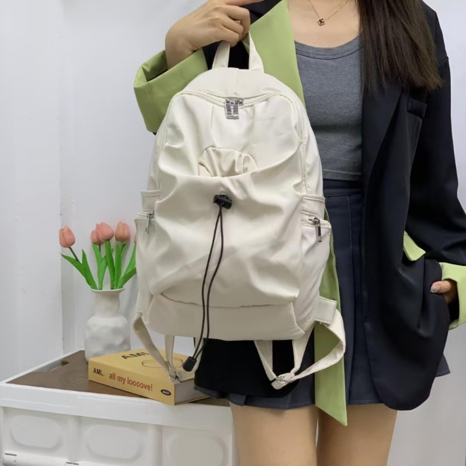 Zaino in Nylon A Cordone Nero, Sacco da Giorno Scolastico Casual di Grande capacità per Il Viaggio Giornaliero degli Adolescenti-Black