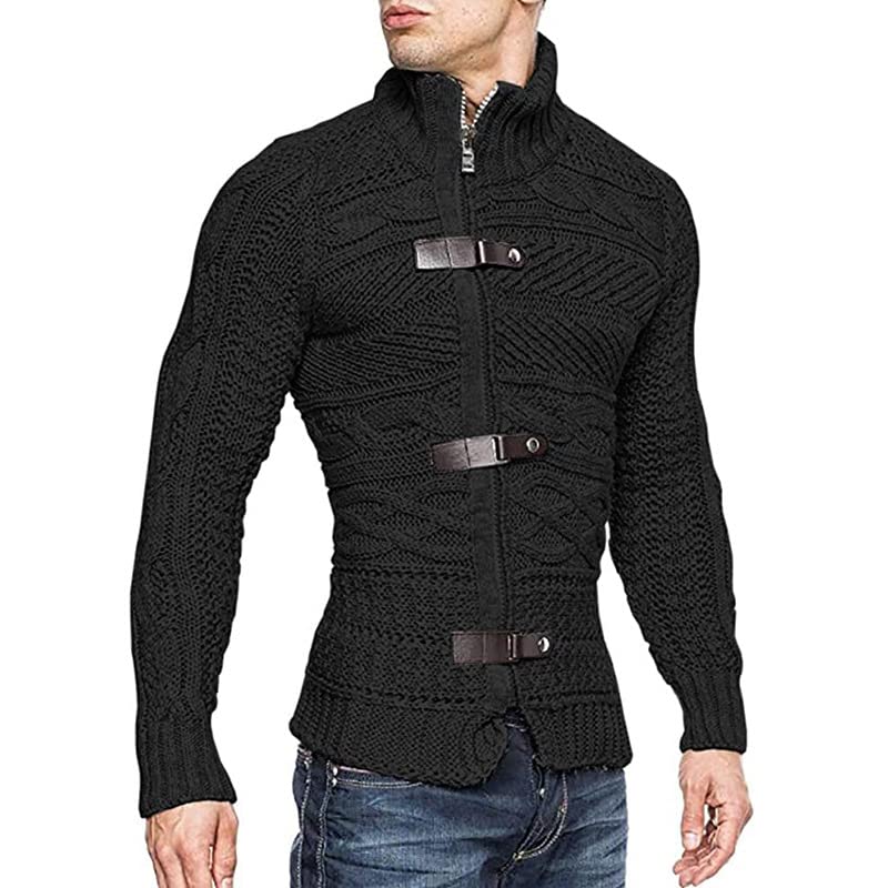Men's Slim Fit Cable Chunky Knit Full Zip Up Button Turtle Neck Sweaters Cardigans2