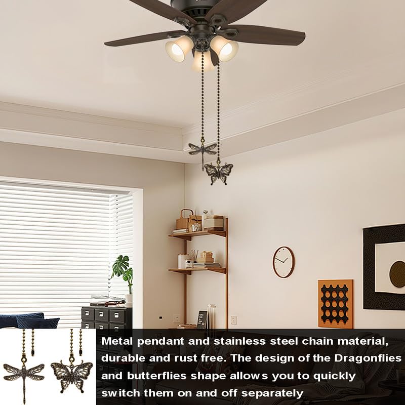 Image of 4Pcs Dragonfly and Butterfly Ceiling Fan Pull Chain, 14inch Fan Light Extender Pendant Ornaments Extension,Bronze and Red Bronze