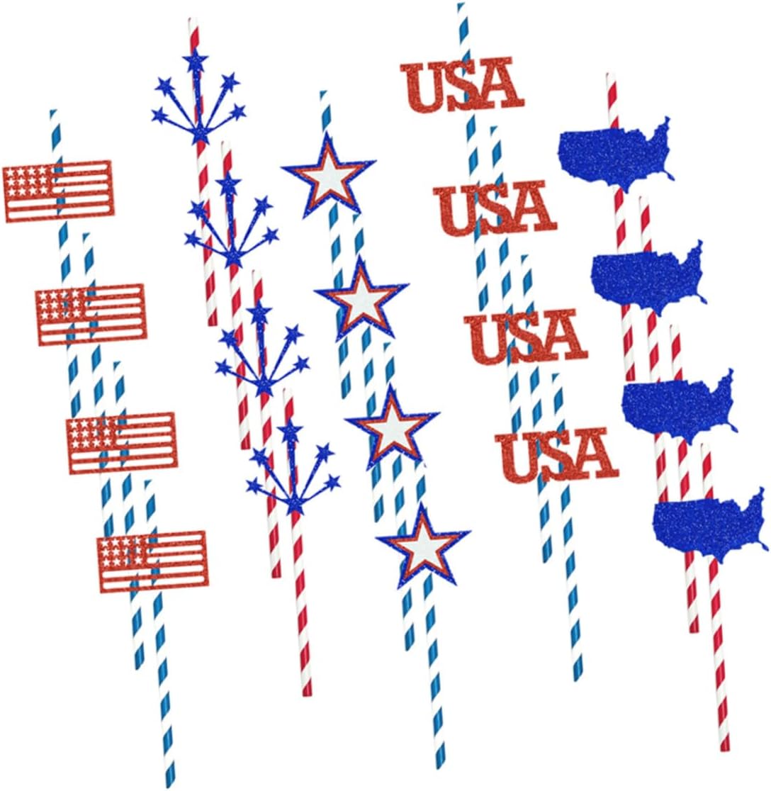 Independence Day Paper Drinking Straws 20pcs Set 5 Designs, Eco-friendly Disposable Straws for Fourth of July Party Supplies and National Day Celebrations