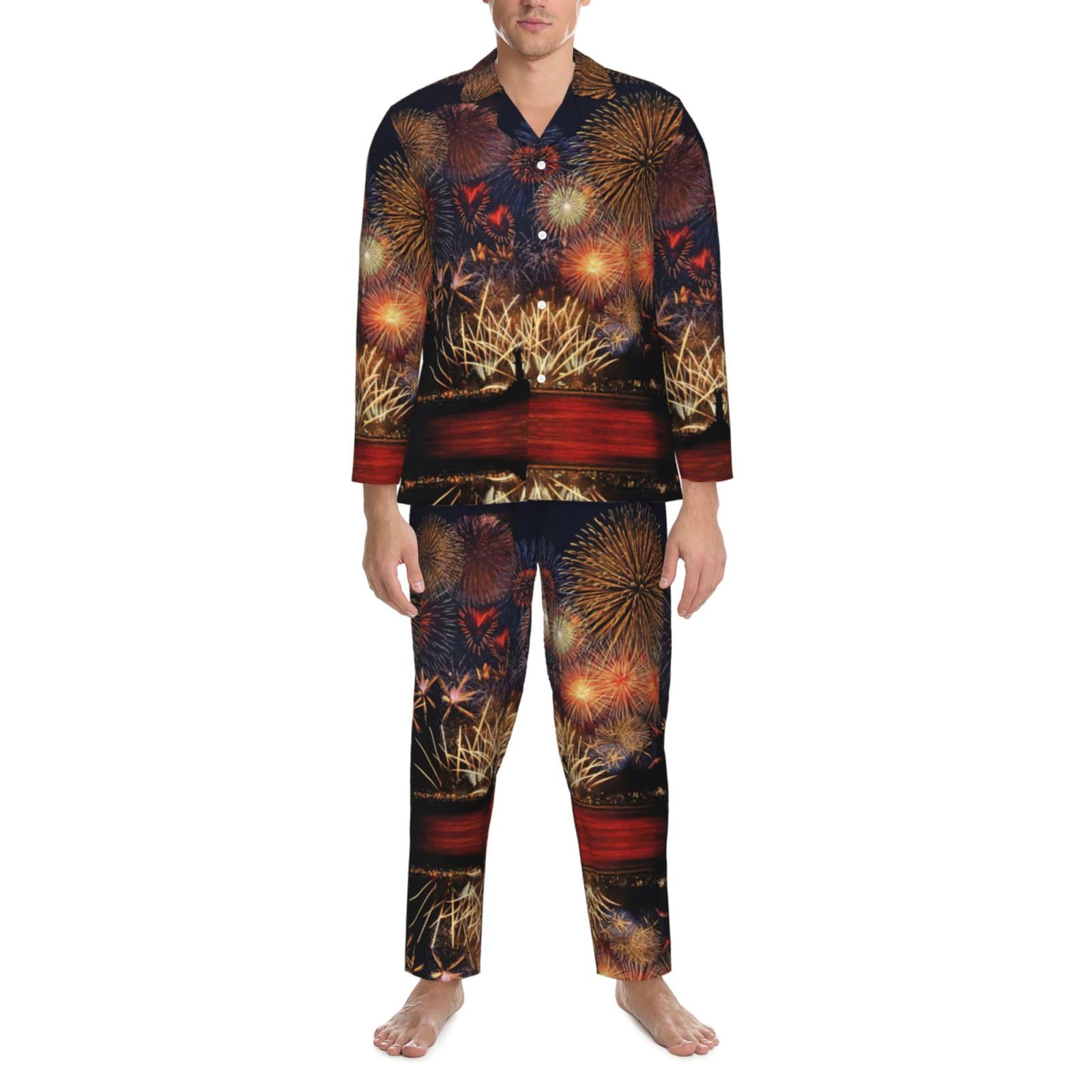 Conjunto de pijama con estampado de fuegos artificiales para hombre, pijama suave de manga larga con botones y bolsillos