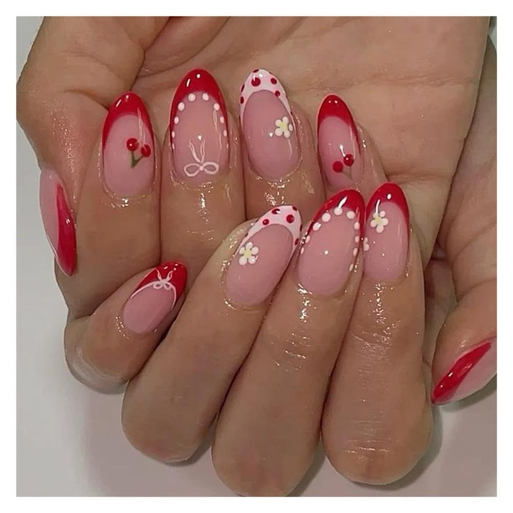 24pcs White Round Polka Dot Nude Wearable Press On Nails Short Almond Fake Nails DIY Manicure(Y2)