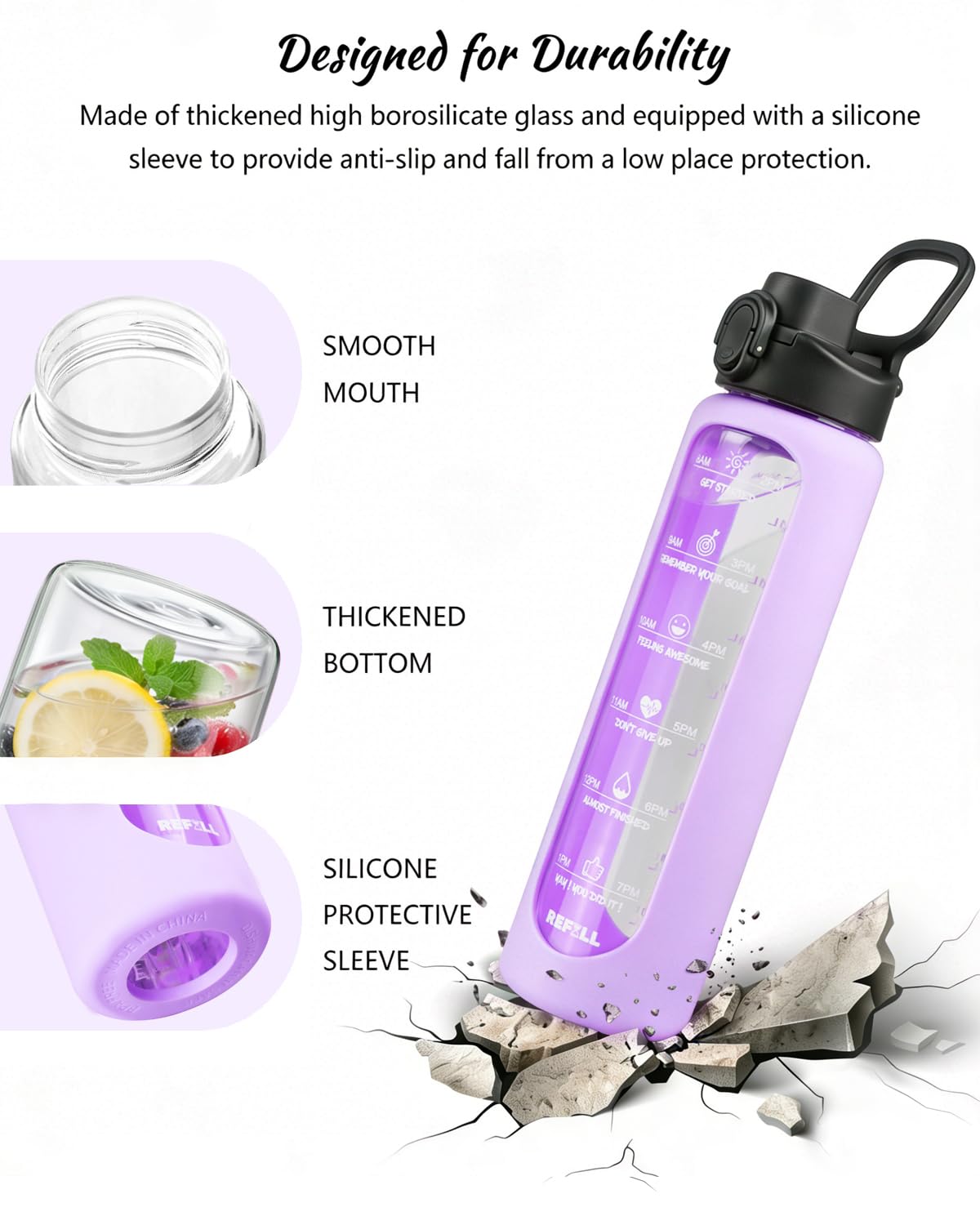 Nefeeko 963 ml Glas-Wasserflaschen mit Strohhalm, motivierende Glas-Wasserflasche mit Zeitmarkierung, 1 Liter, BPA-frei, auslaufsicher, Bambusdeckel, Auslaufdeckel
