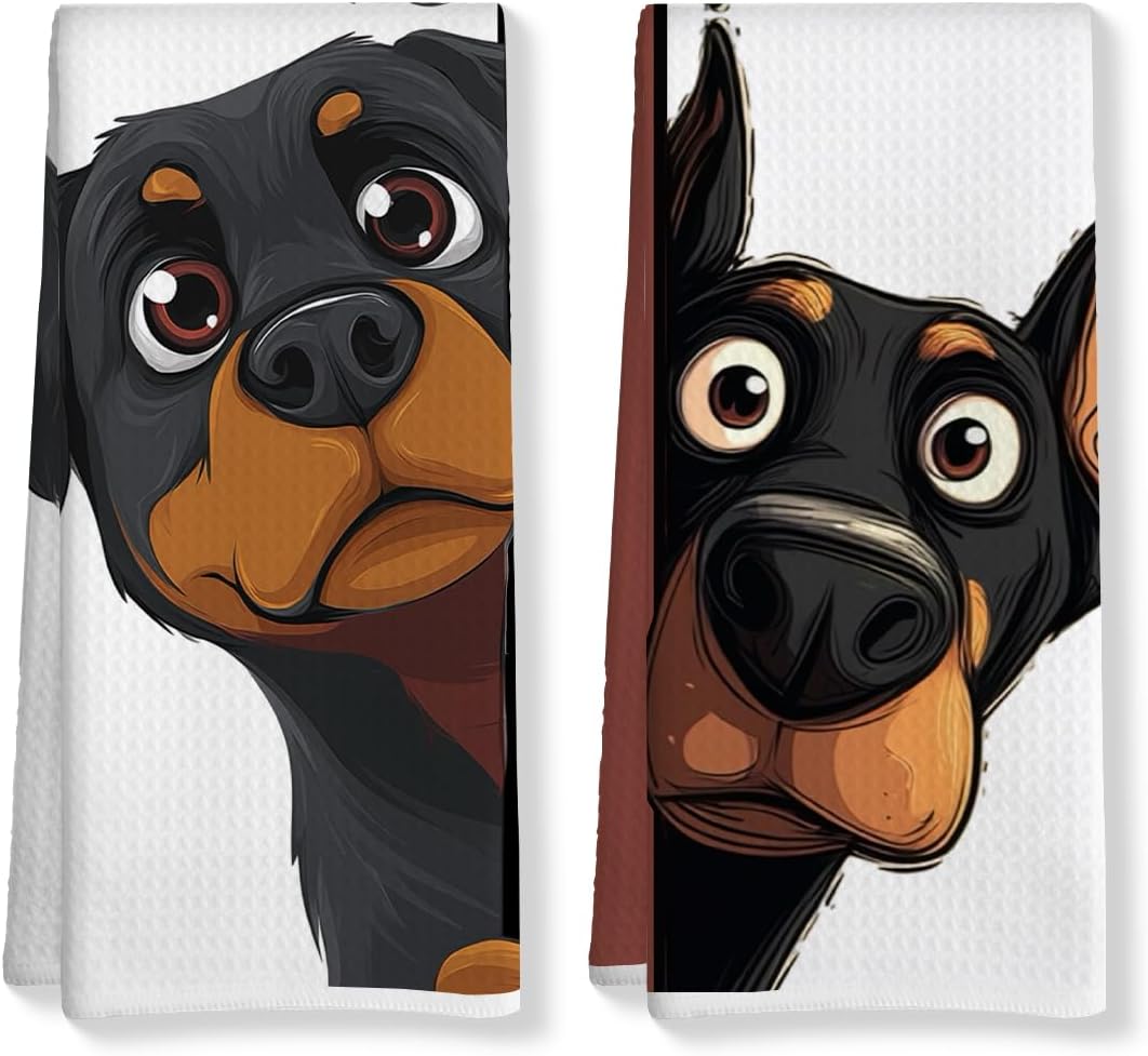 2 Pcs Funny Dog Kitchen Towels, Cute Doberman Gifts Hand Towel 14x24 Inches