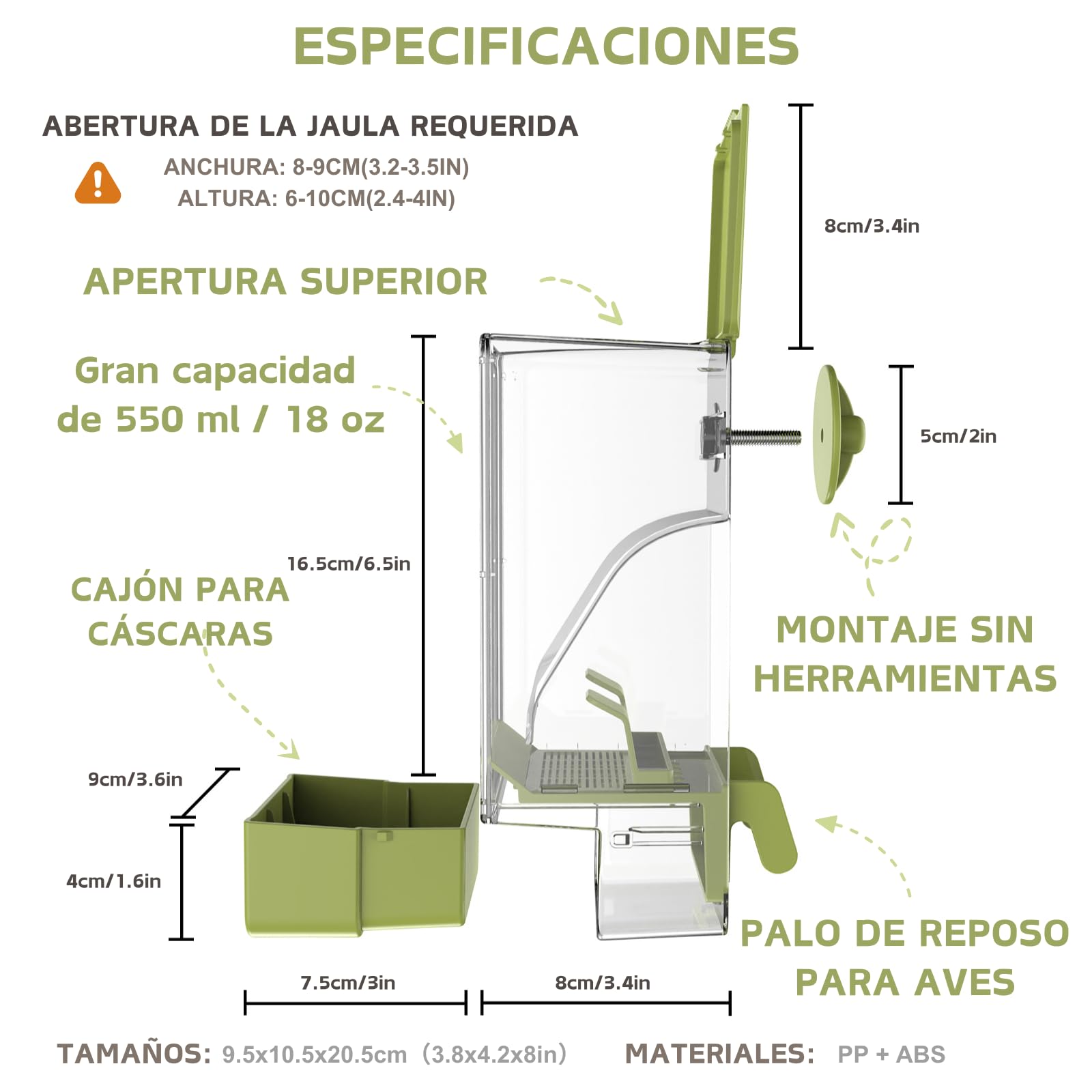 Juego de Bebedero y Comedero para Pájaros, Alimentador Automático con Percha para Jaula para Periquitos, Canarios, Ninfas, Pinzones y Budgerigars (Verde)
