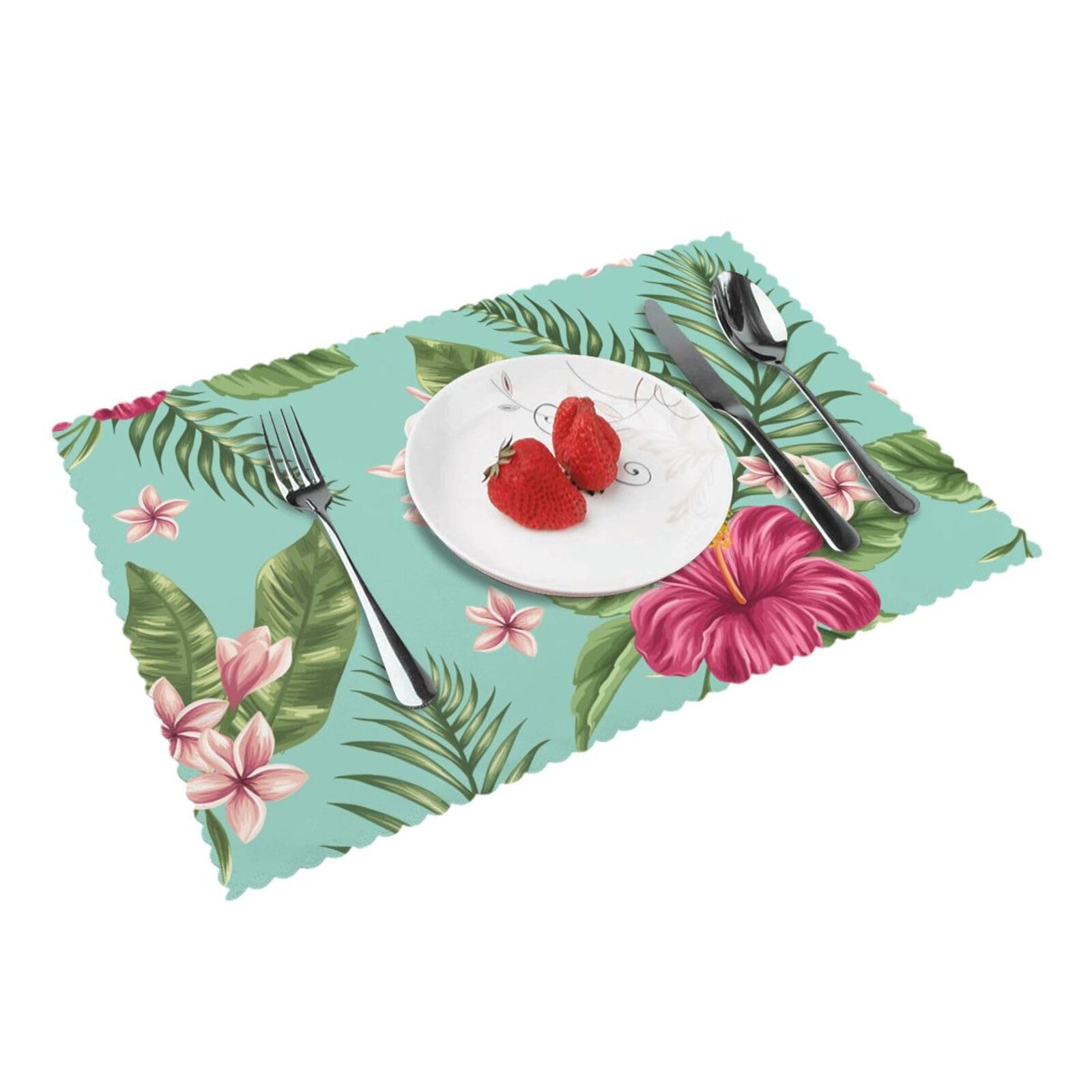 4 PCS Heat Resistant Placemat 45x30 CM, Hawaiian Tropical Leaves Flowers Printed Non-Slip Place Mats for Kitchen Dining Table Indoor Outdoor