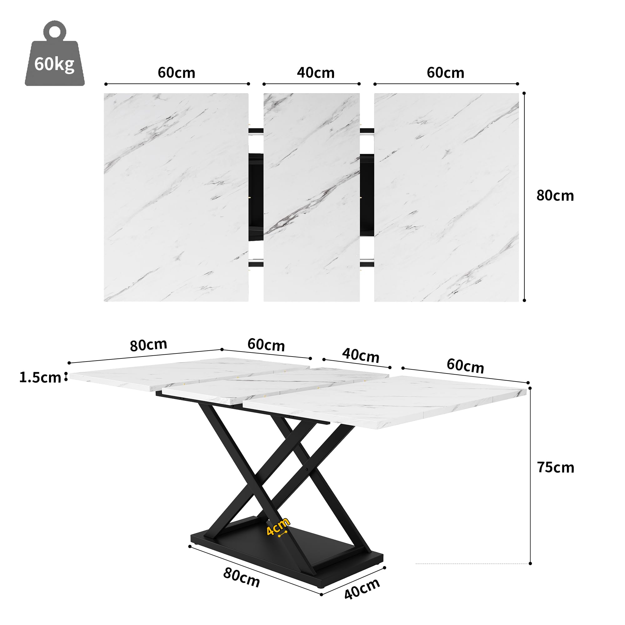 Merax Ausziehbarer Esstisch(120-160×80cm), rechteckiger Marmor Esstisch für 6-8 Personen, für Küche und Wohnzimmer, Marmor