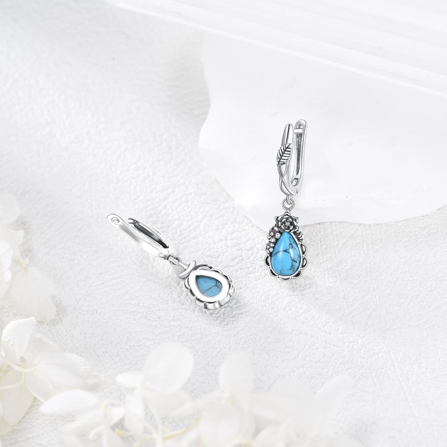 Turquoise Earrings 925 Sterling Silver Leaf Vine Flower Turquoise Dangle Earrings Boho Jewelry Gift for Women - Image 2