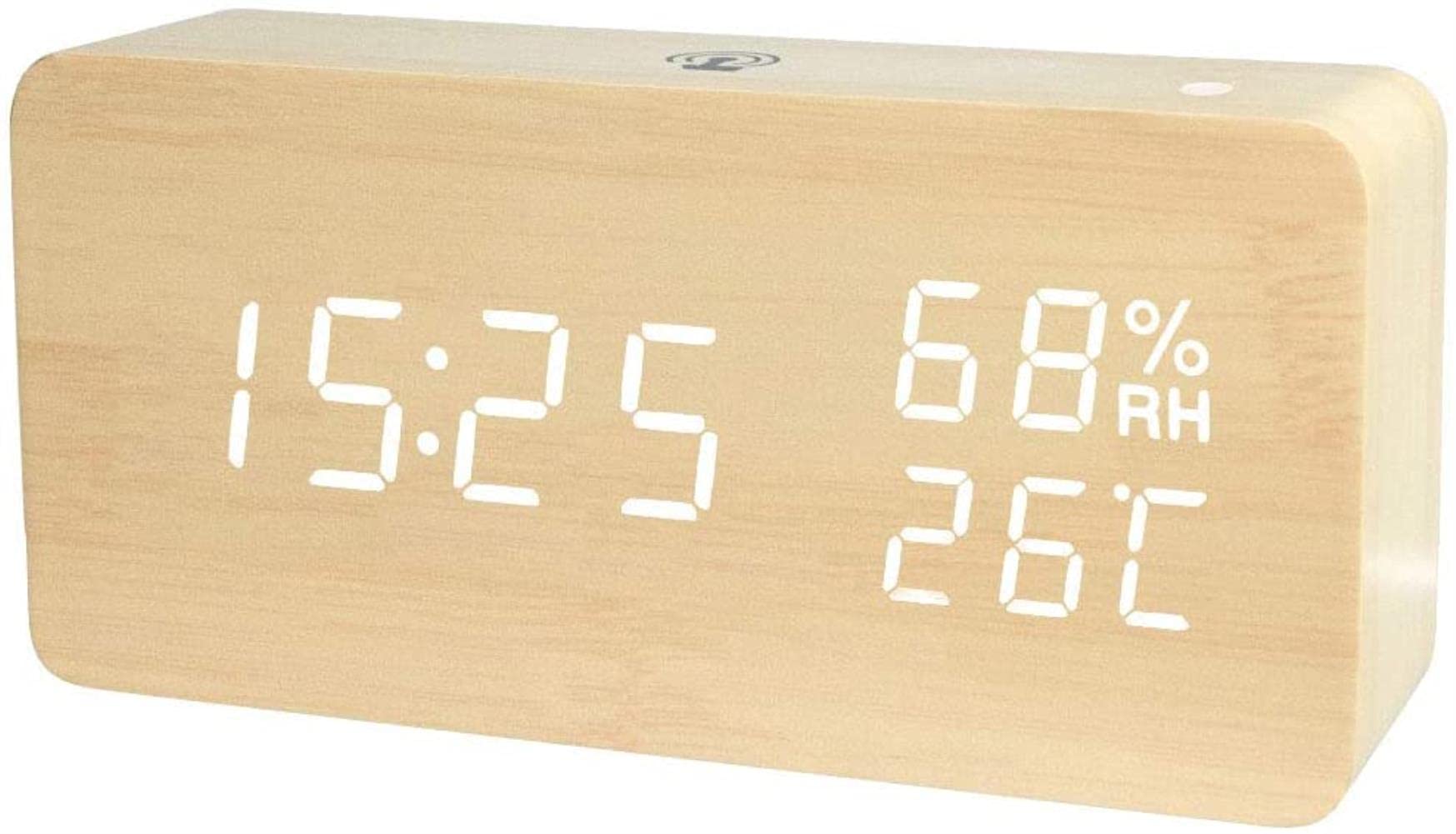 Wooden Alarm Clock,JJmooer LED Digital Wooden Alarm Clock APP Control Time/Temperature/Humidity/Date Display Electronic Desktop Clock 4 Levels Brightness Sound Control USB Charge or Battery Supply