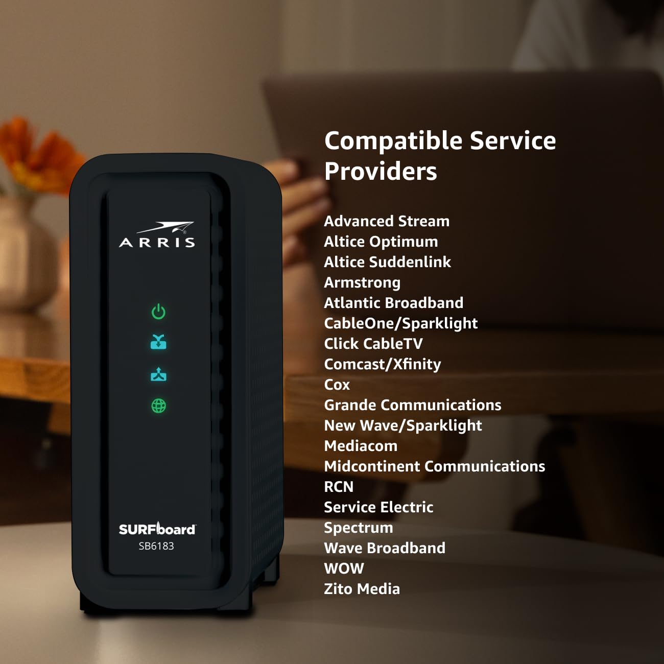 ARRIS SB6183 Modem câble – Modem câble DOCSIS 3.0 16 x 4 Gigabit Rapide, pour Comcast Xfinity, Cox, Spectrum et Plus, Port 1 Gbit/s, Vitesse Internet maximale de 400 Mbit/s