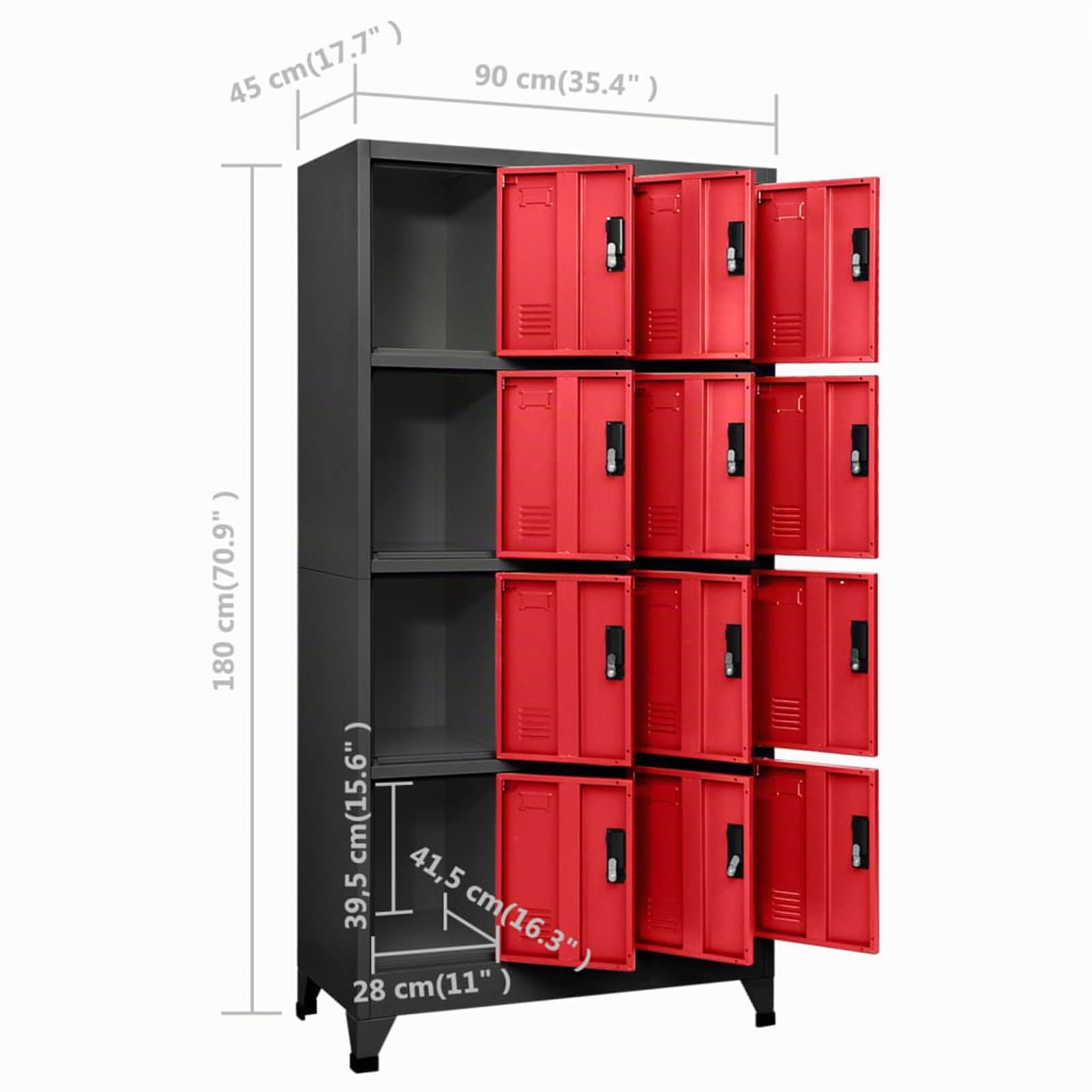 Armadietti Spogliatoio Metallici, Armadietto per Ufficio con 12 Scomparti e Serratura, Armadi Archivio in Acciaio, per Ufficio, Scuole e Palestra, Antracite e Rosso 90x45x180 cm