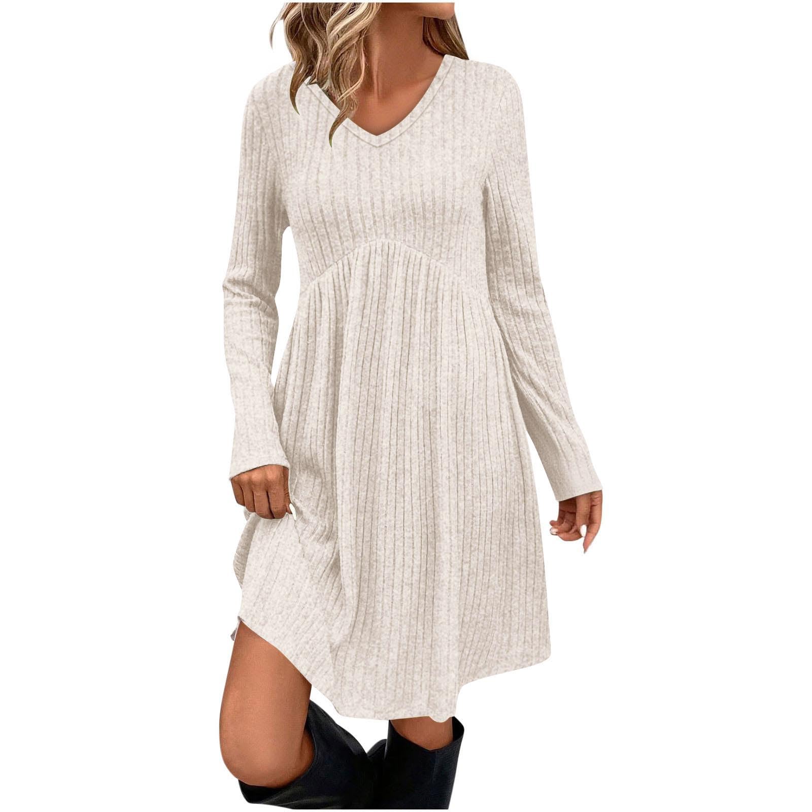 Womens Long Sleeve Ribbed Knit Sweater Dresses Fall Winter Casual Lounge Short Tunic Dress V Neck Solid Color
