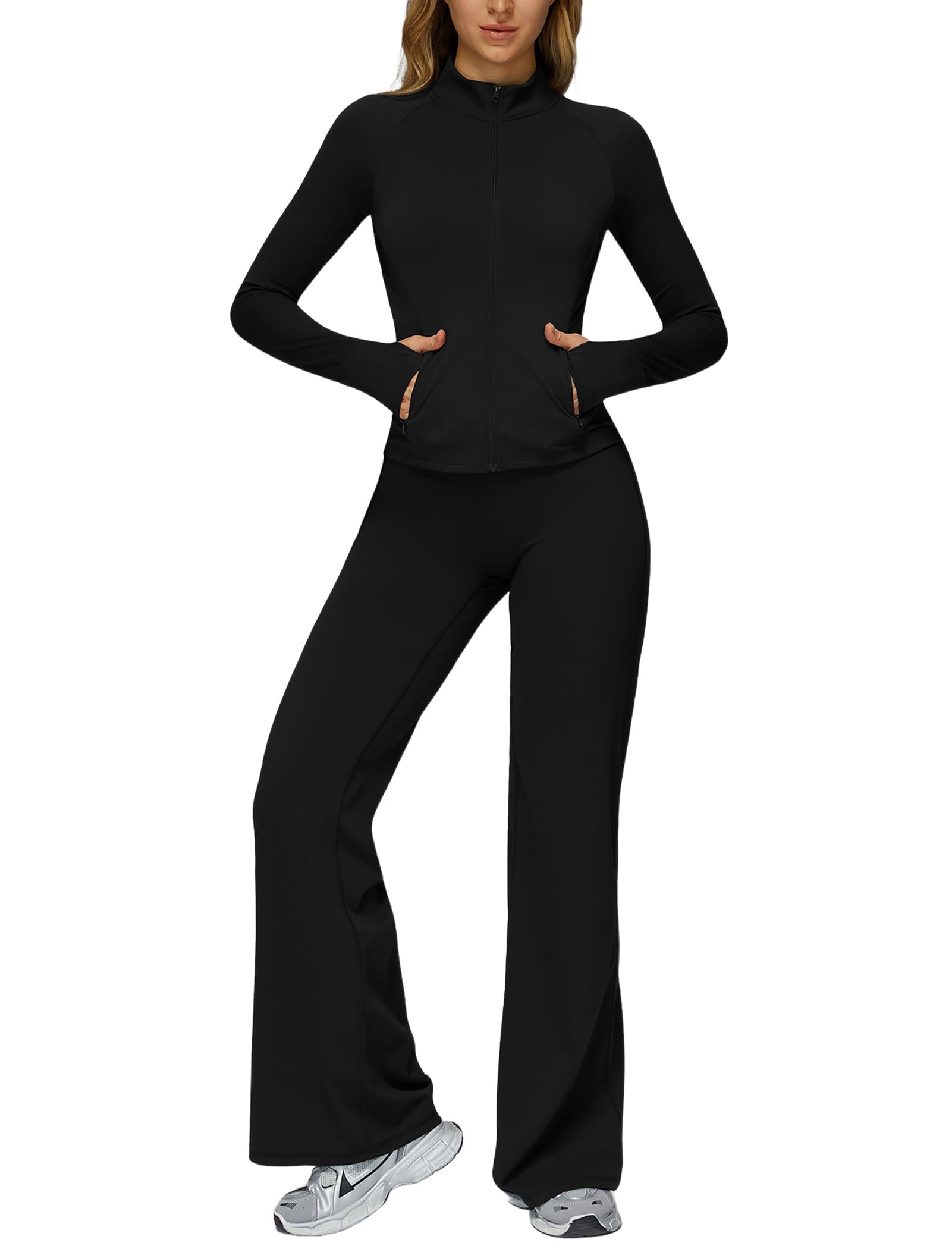 IDOPIP Sport-Set Damen Zweiteiler: Kompression Gym Set Laufjacke mit Daumenschlaufen und Reißverschluss - Sportanzug für Sport Fitness Yoga Pilates Workout