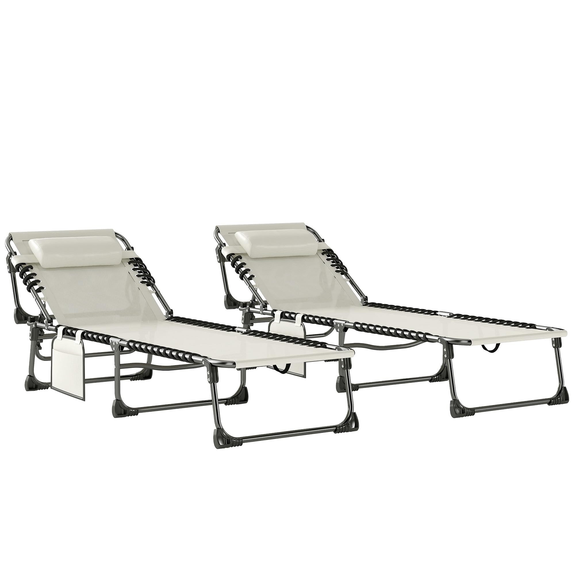 Outsunny Set de 2 Tumbonas Jardín Exterior, Tumbonas Plegables con Reposacabezas y Bolsillo Lateral, Respaldo Reclinable 5 Posiciones y Asiento de Malla Transpirable para Playa, Piscina, Blanco Crema