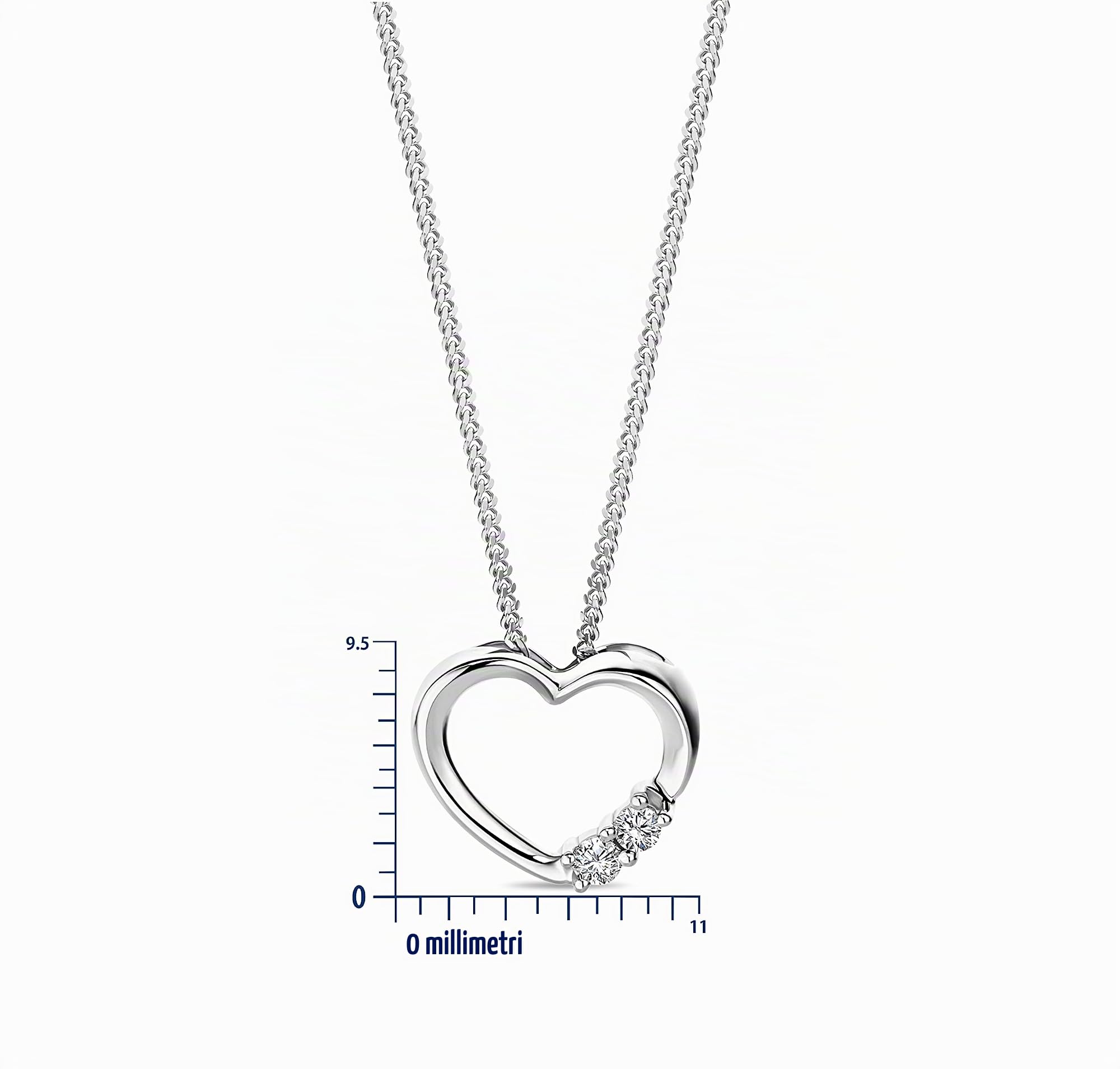 MIORE Collana con Cuore Oro Bianco con Diamanti Naturali, Vero Oro 9KT 375, Catenina con Pendente Cuore Lucido e Brillanti - Ciondolo con Catena anallergica. La Catenina è lunga Cm. 45.