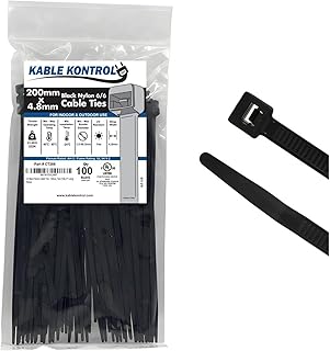 Kable Kontrol Cable Zip Ties 100 Pcs 8 Inch Black, 50 Lbs Tensile Strength, Self-locking UV Resistant Plastic Nylon Wire Ties, for Indoor or Outdoor Use