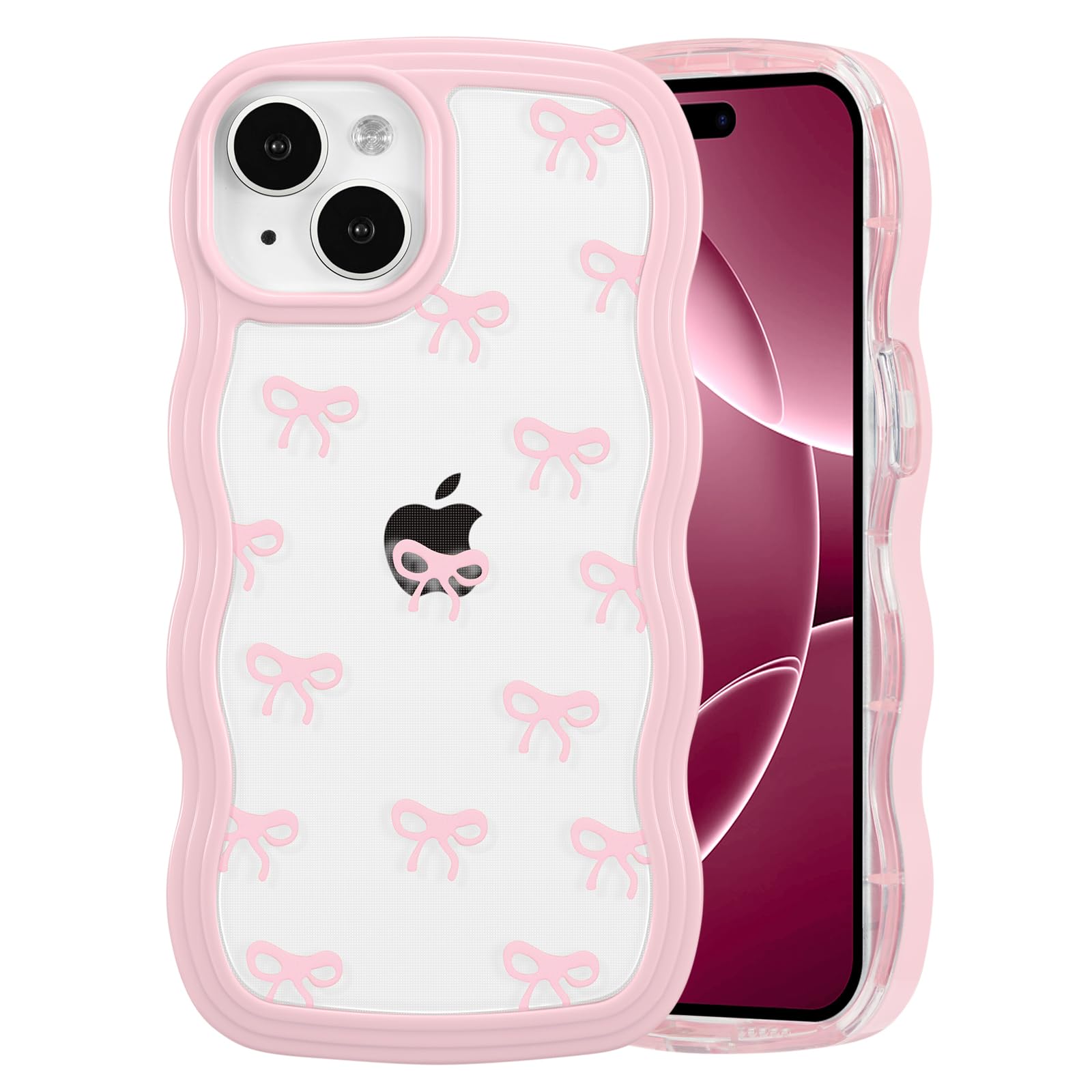 QLTYPRI Etui na telefon iPhone 14 Plus/iPhone 15 Plus, przezroczyste, z uroczą wstążką, z kokardką, estetyczne, smukłe, miękkie, przezroczyste, dla kobiet, dziewcząt, odporne na wstrząsy, różowe