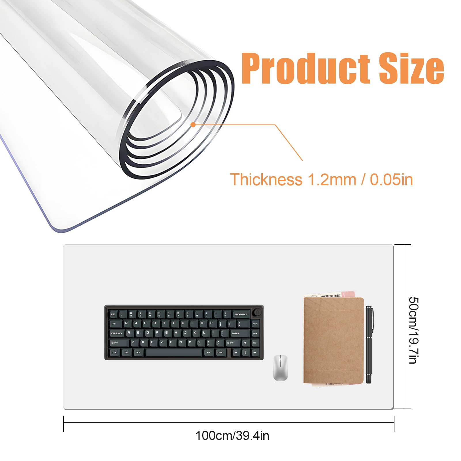 TSKDKIT Tapis de protection de bureau transparent en PVC 100 x 50 cm Sous-main Antidérapant, Imperméable, avec Bords Arrondis, Tapis Ordinateur pour bureau, maison, table d'écriture